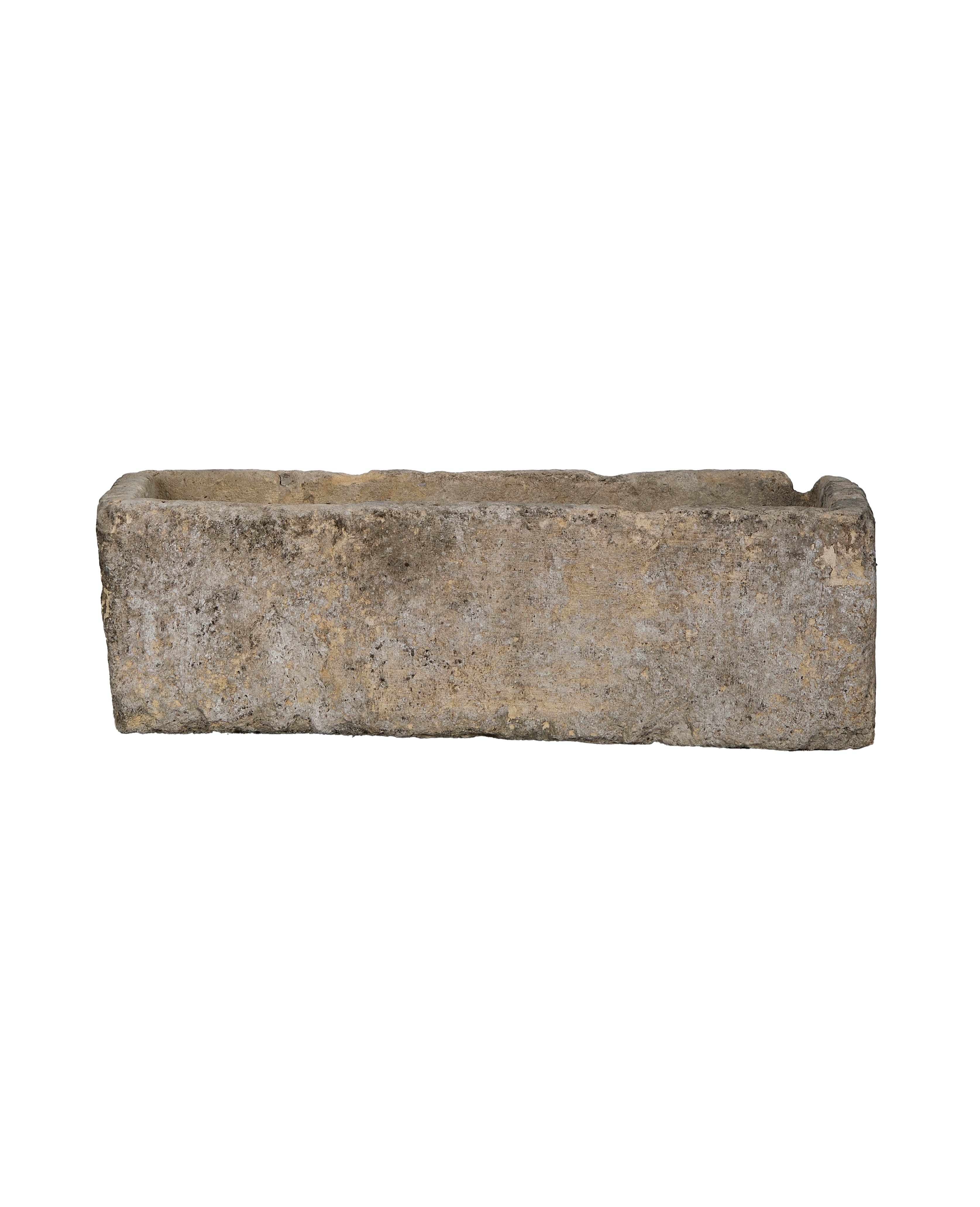 Vintage rectangular limestone trough, showing its weathered, natural grey and tan textured surface.