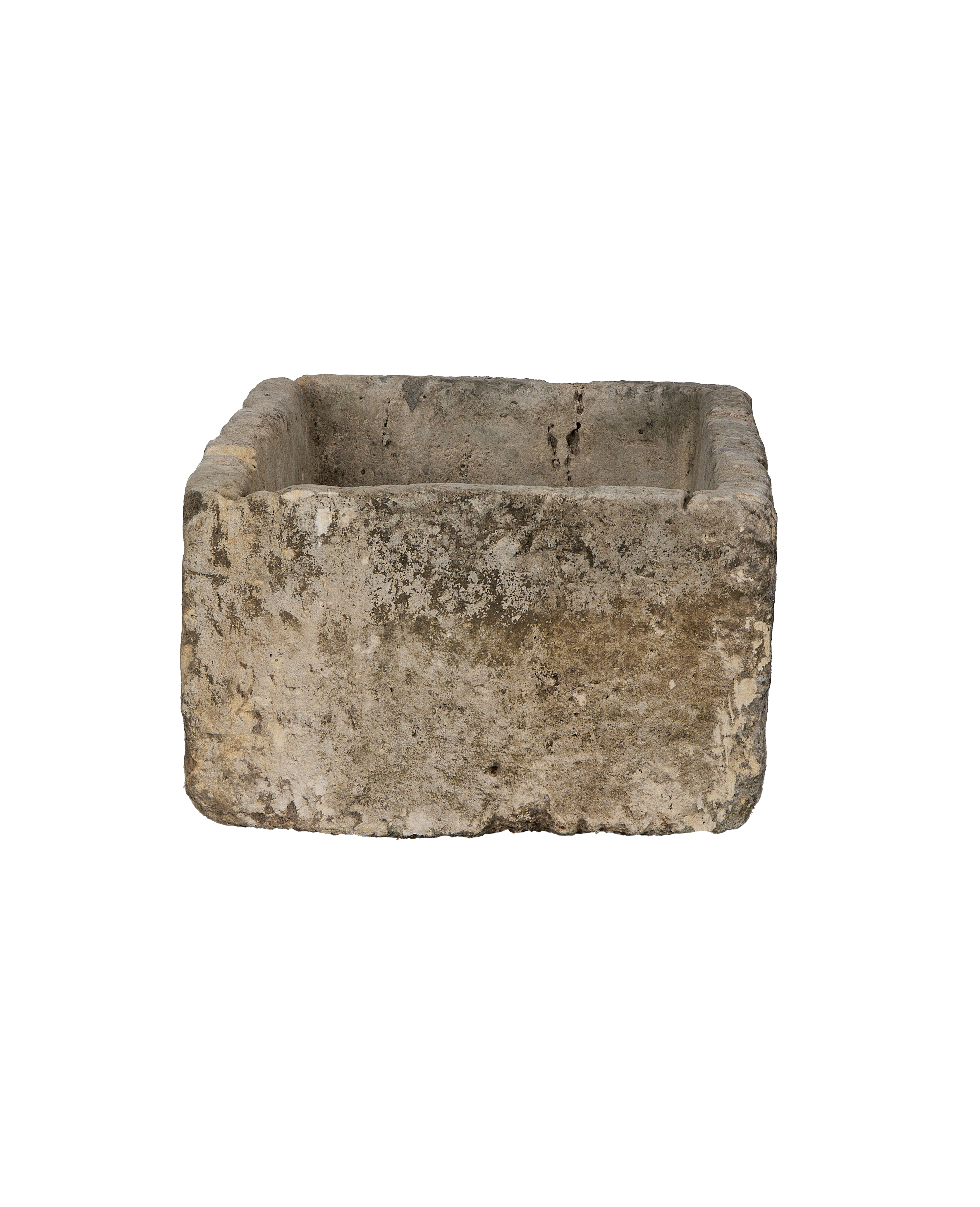 Vintage Indonesian rectangular limestone trough showing full front and distressed texture.