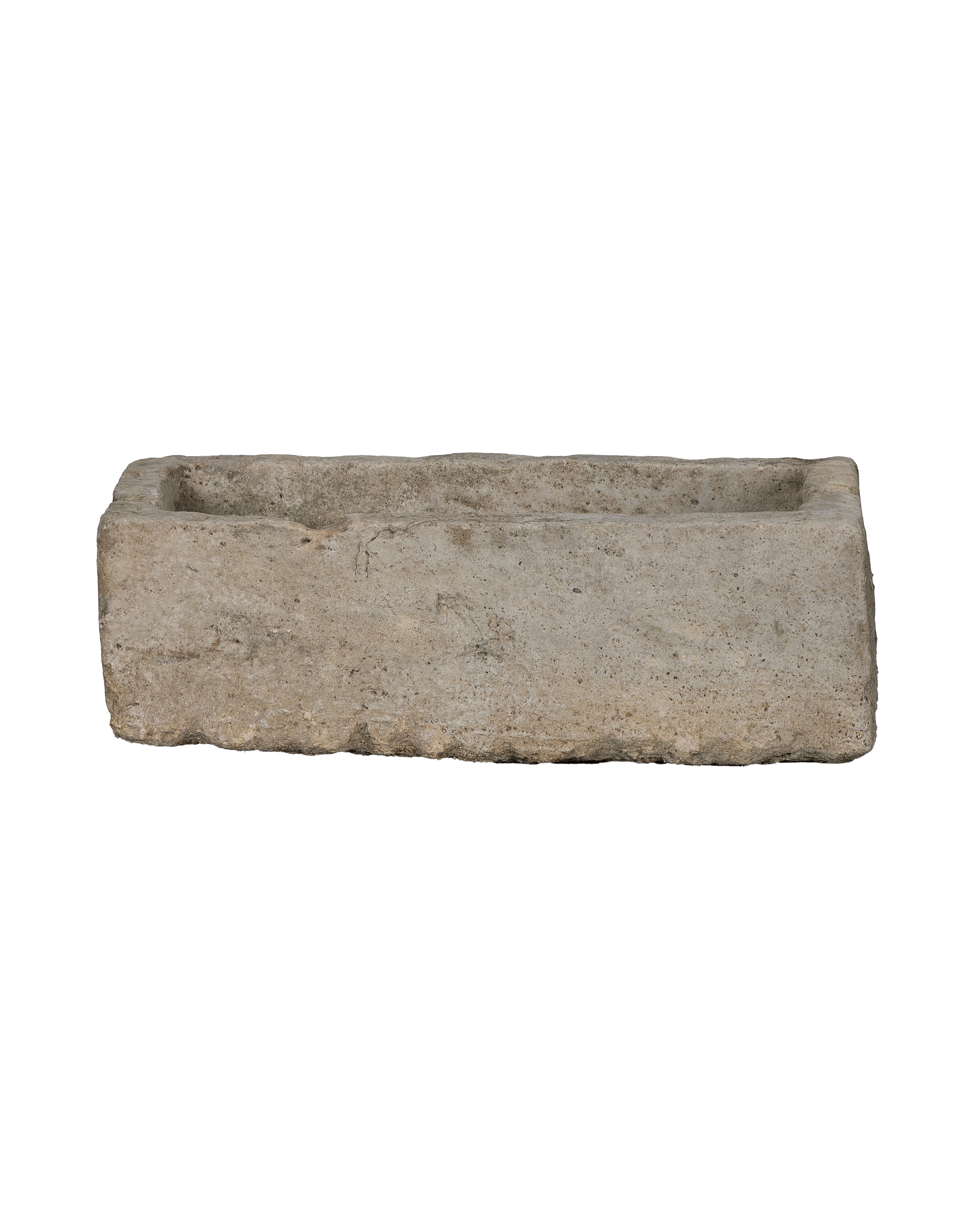 Vintage rectangular limestone trough, light gray, with naturally rough edges from Indonesia.