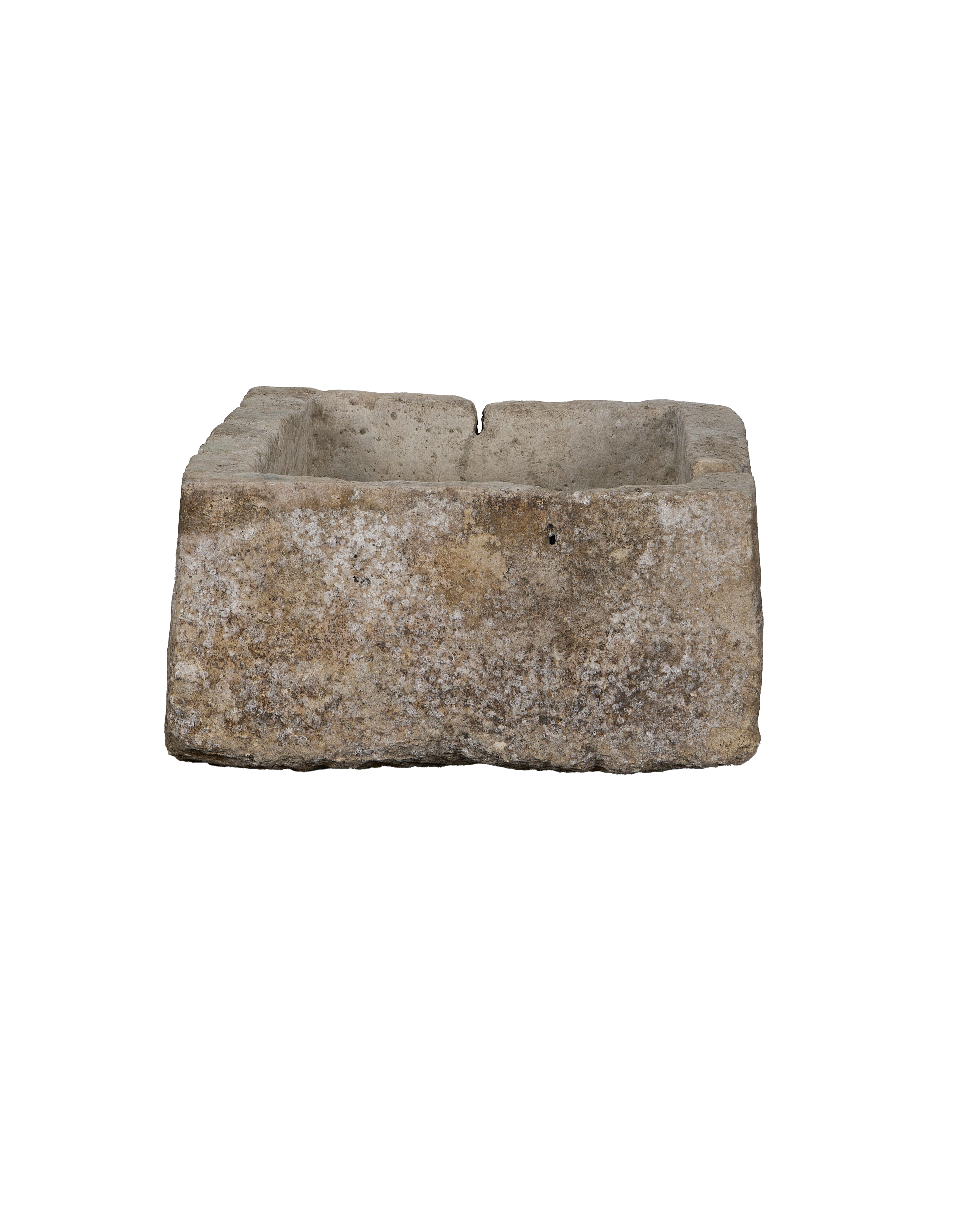 Vintage Indonesian limestone rectangular trough, weathered patina, rough textured surface, top view.