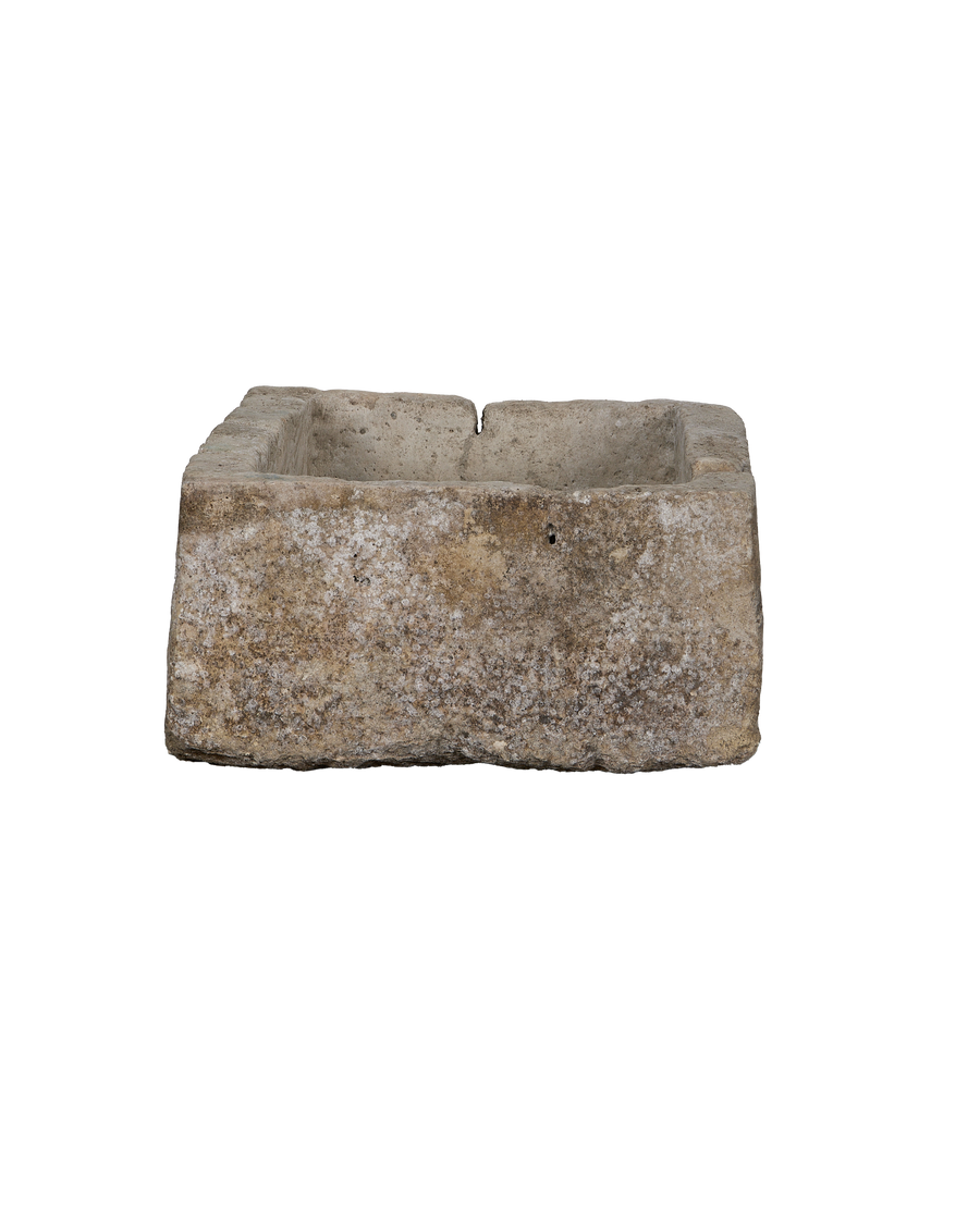 Vintage Indonesian limestone rectangular trough, weathered patina, rough textured surface, top view.