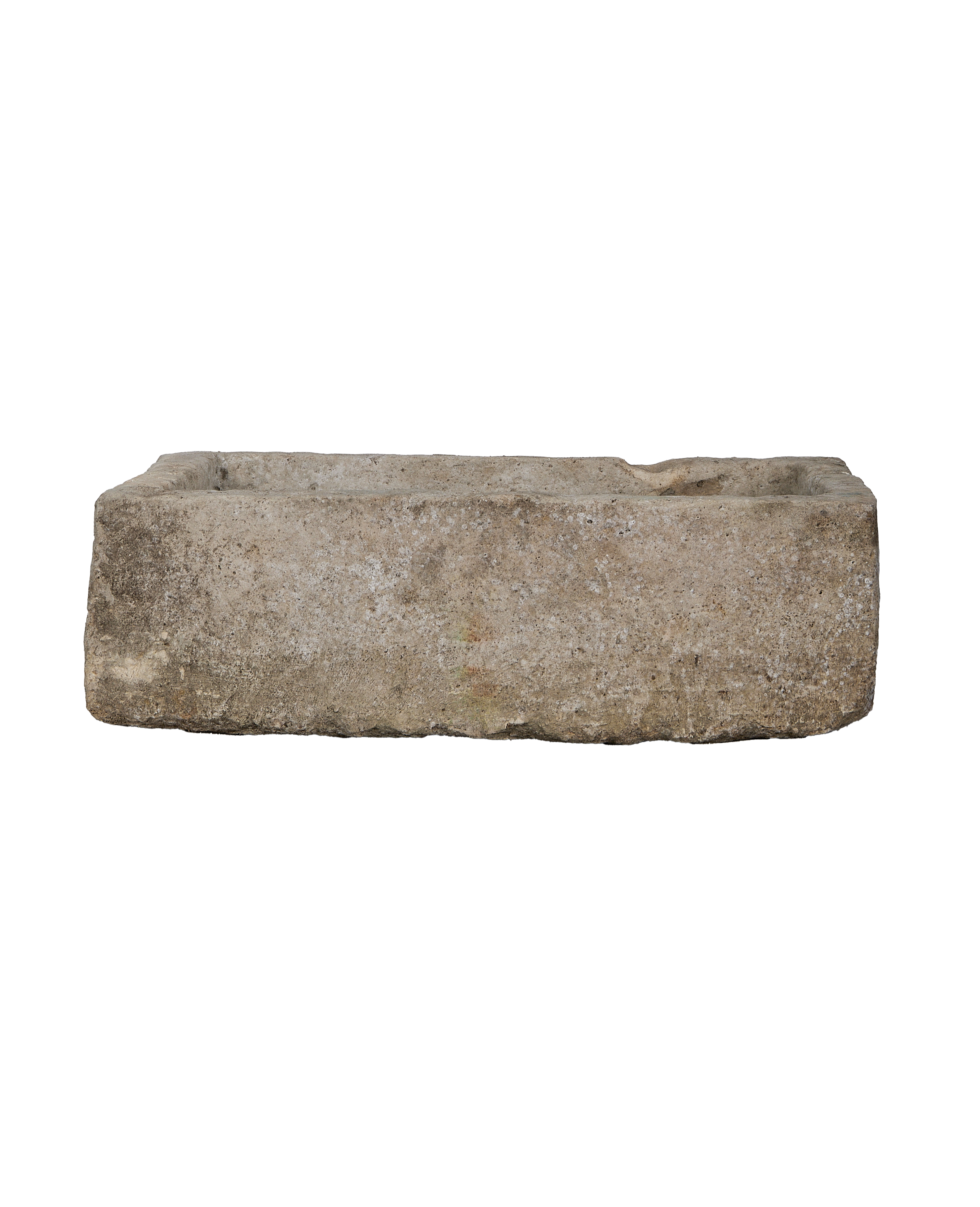 Vintage Indonesian rectangular limestone trough, full-length side view highlighting textured, weathered surface condition.