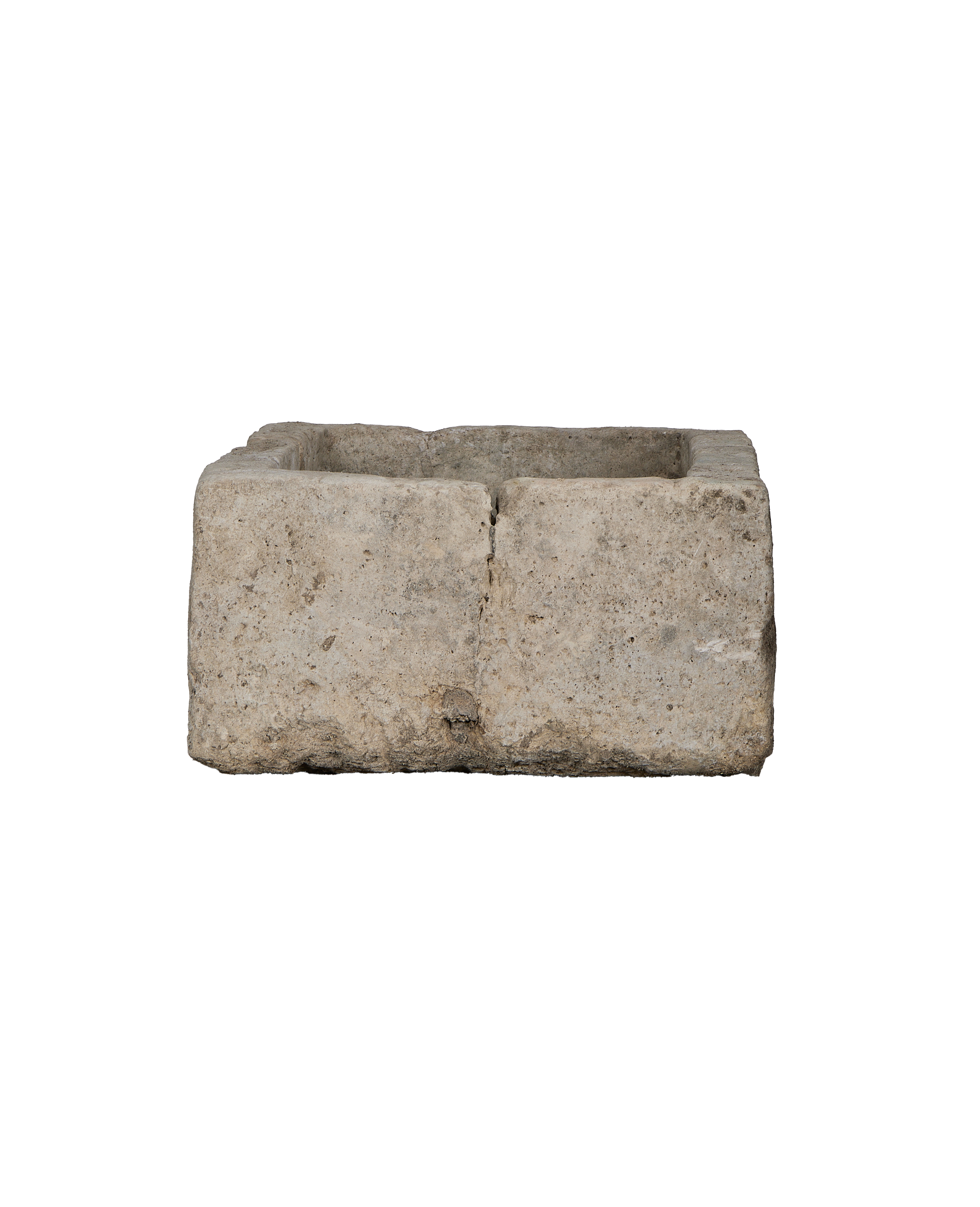 Vintage OAK rectangular limestone trough from Indonesia, showing a full-width view with weathered texture.