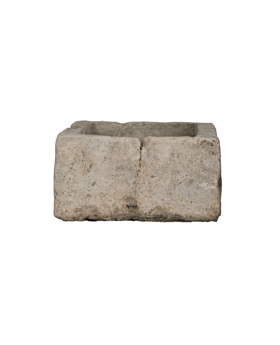 Vintage OAK rectangular limestone trough from Indonesia, showing a full-width view with weathered texture.
