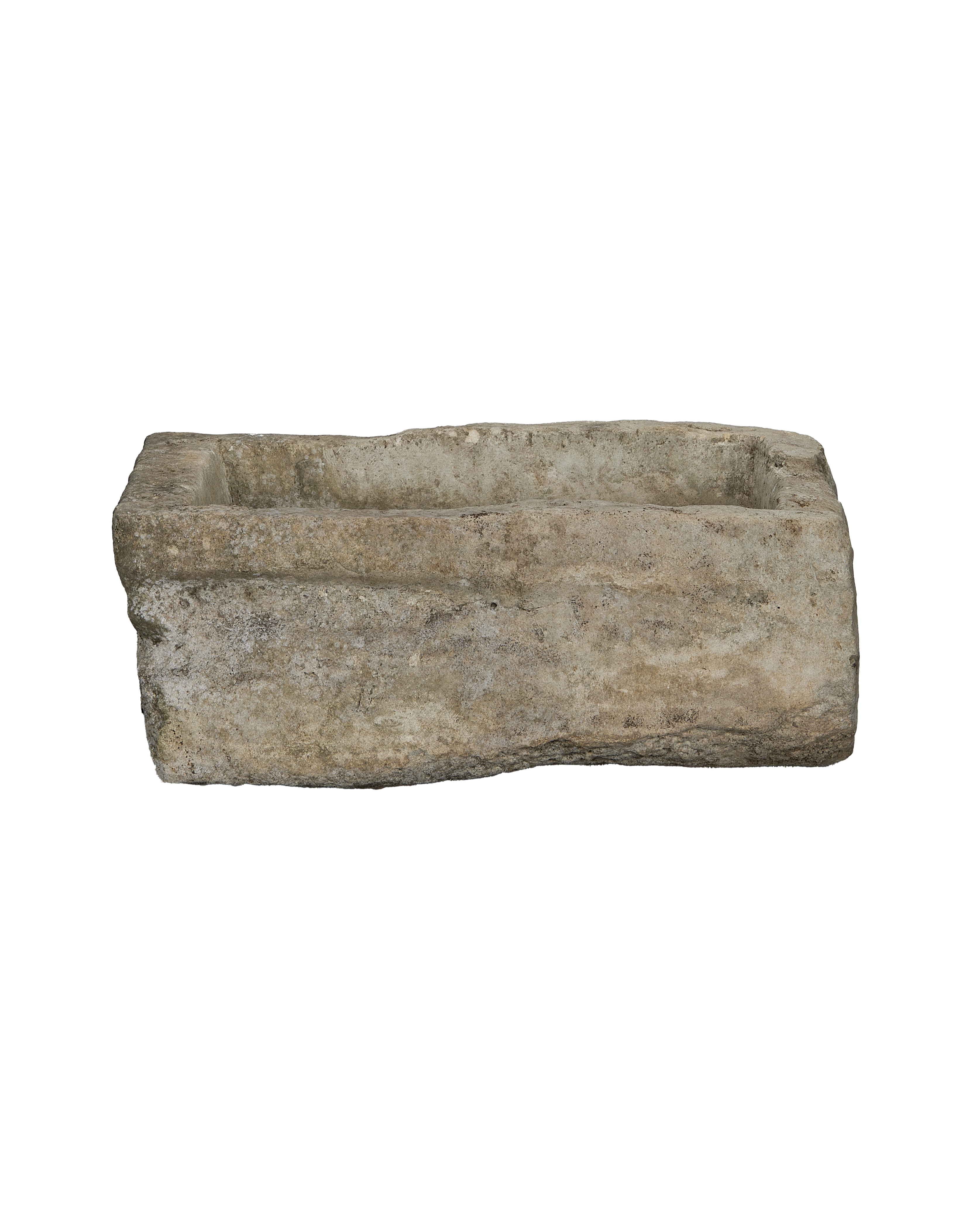 Vintage Indonesian limestone trough, rectangular, showcasing its weathered, rugged texture and natural imperfections.
