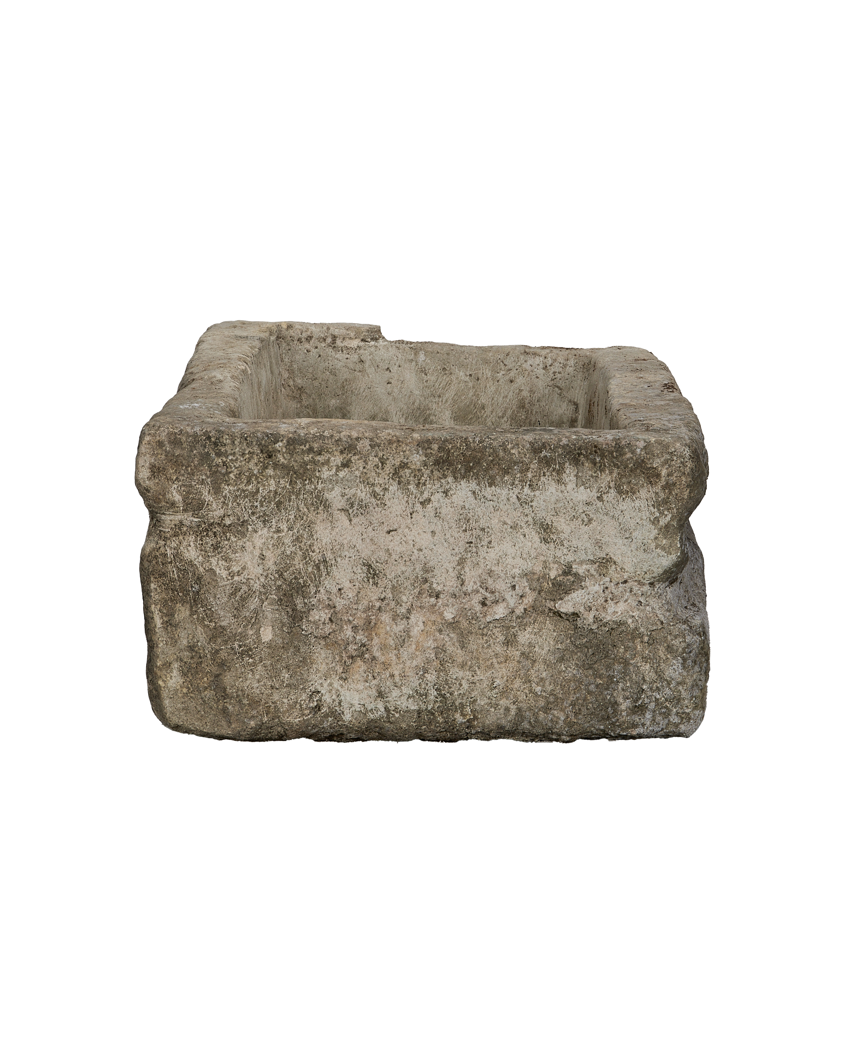 Vintage rectangular Indonesian limestone trough, top-down view highlighting weathered texture and rough-hewn edges.
