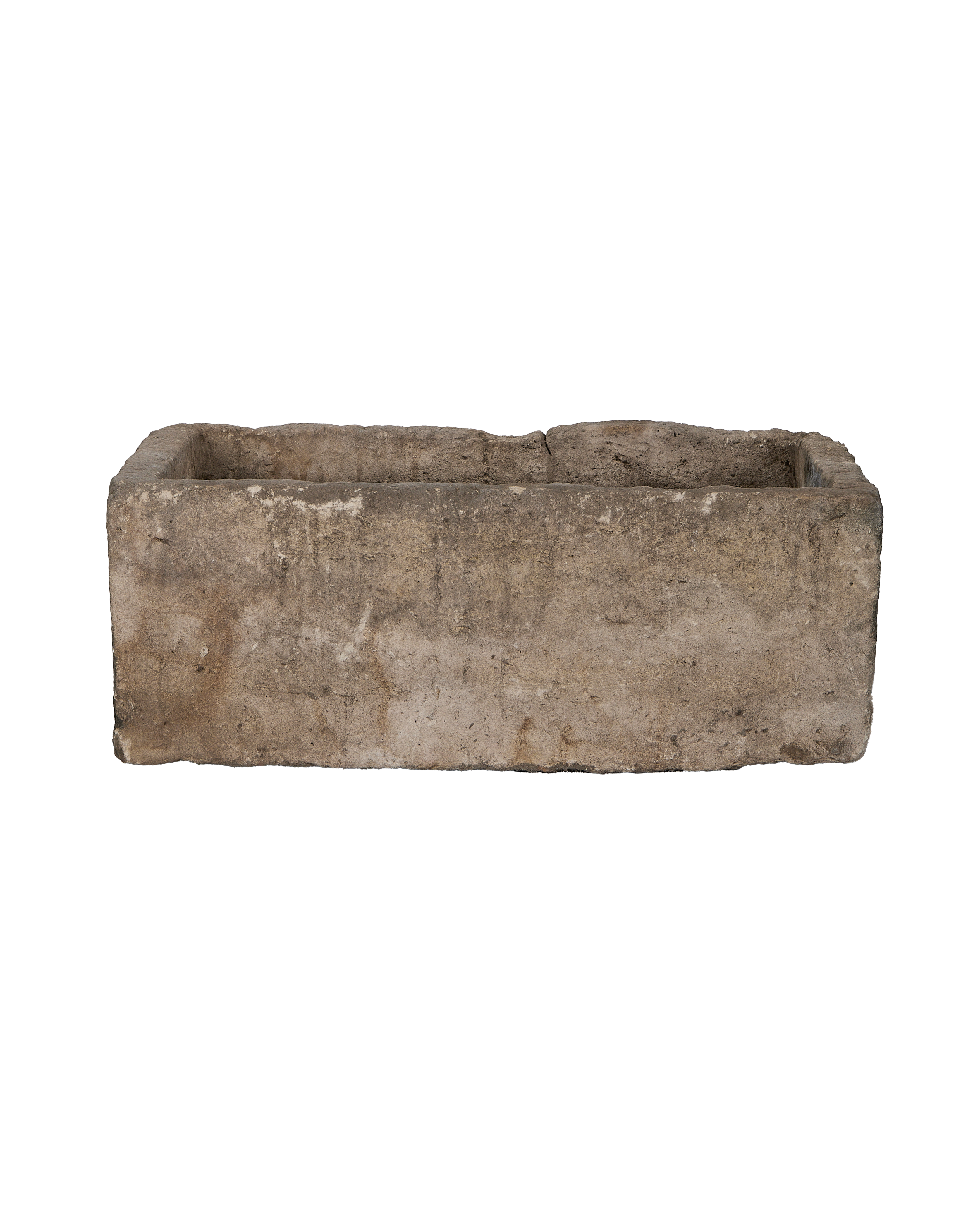 Vintage rectangular Indonesian limestone trough, OAK finish, weathered texture, showcasing raw edges.