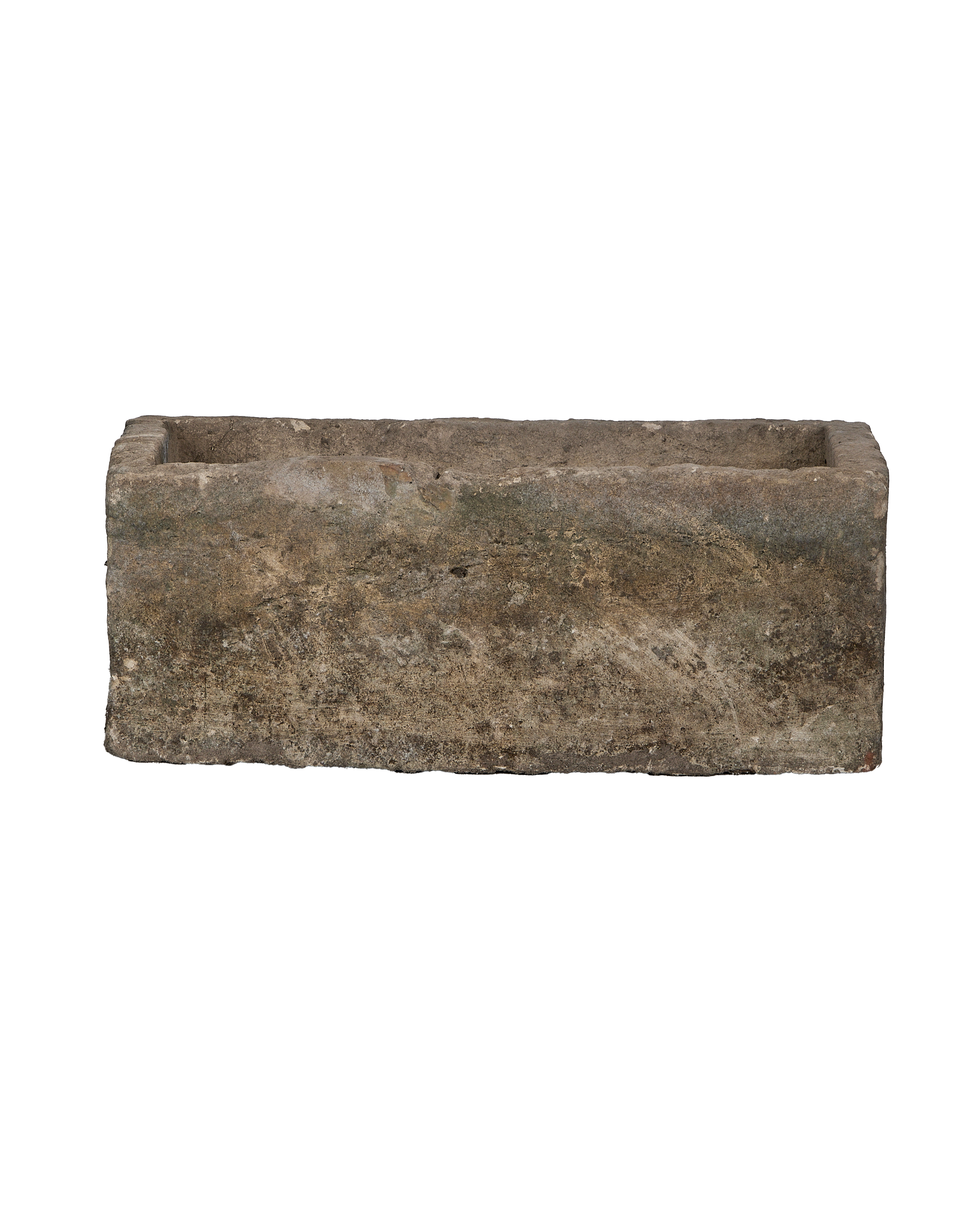 Vintage Indonesian rectangular limestone trough, side view revealing rustic texture and patina.