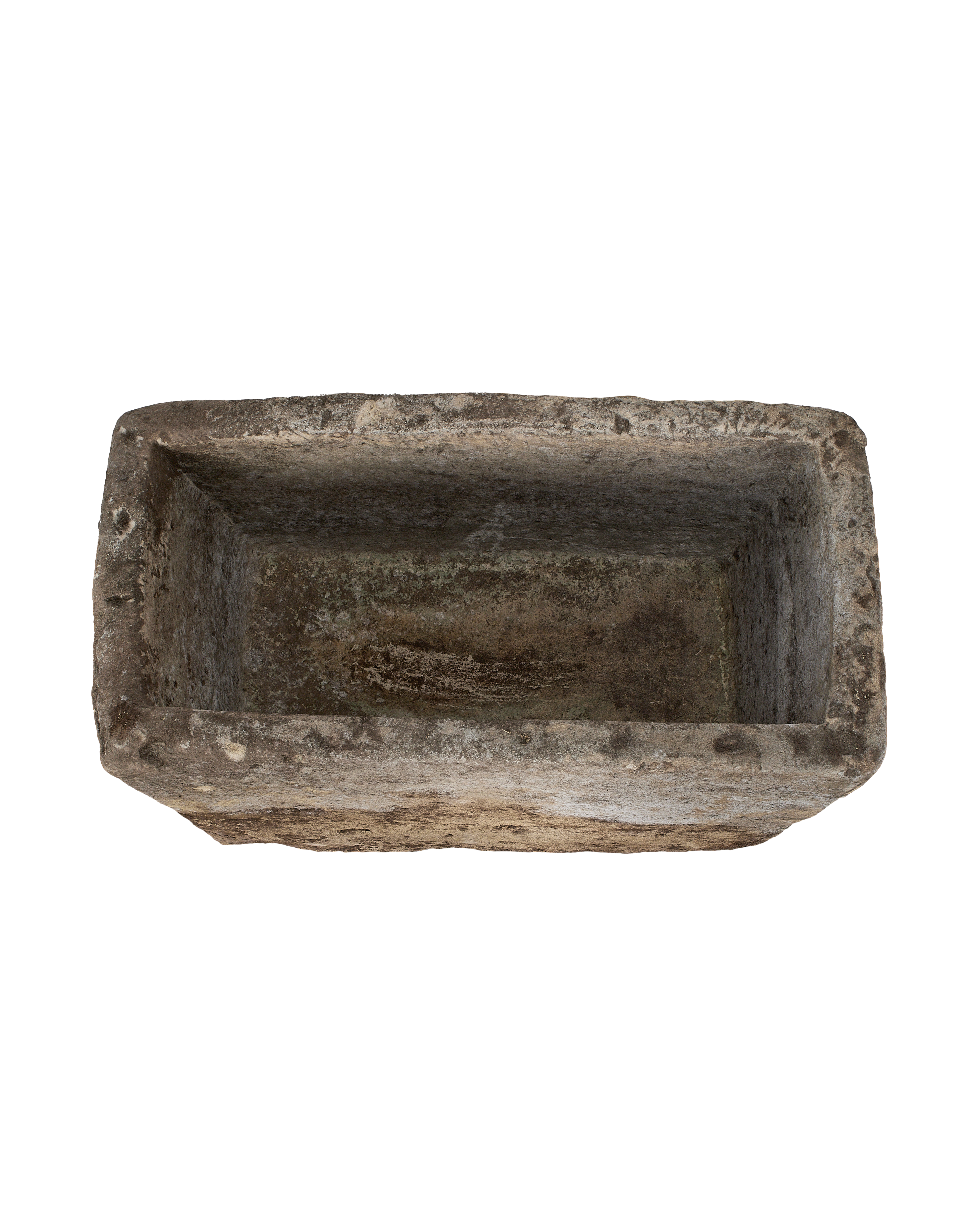 Vintage Indian limestone trough, rectangular, deeply weathered top-down view.