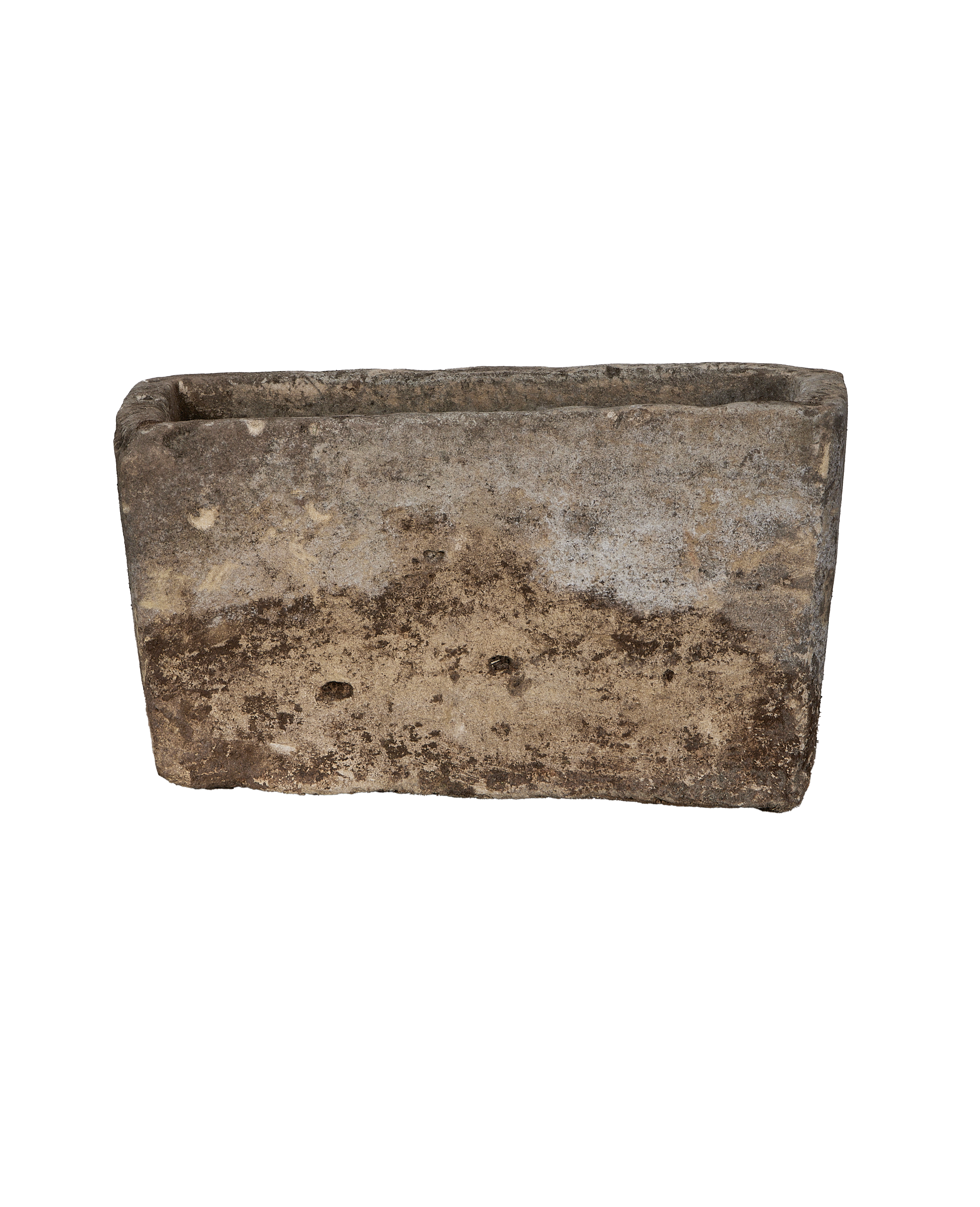 Vintage rectangular limestone trough, weathered OAK finish, from Indonesia, with textured surface.