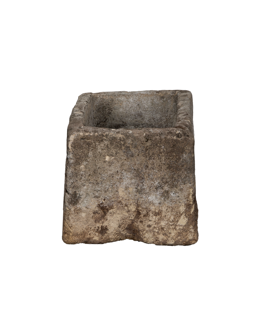 Vintage Indonesian limestone trough, OAK style, showing weathered rustic texture and interior.