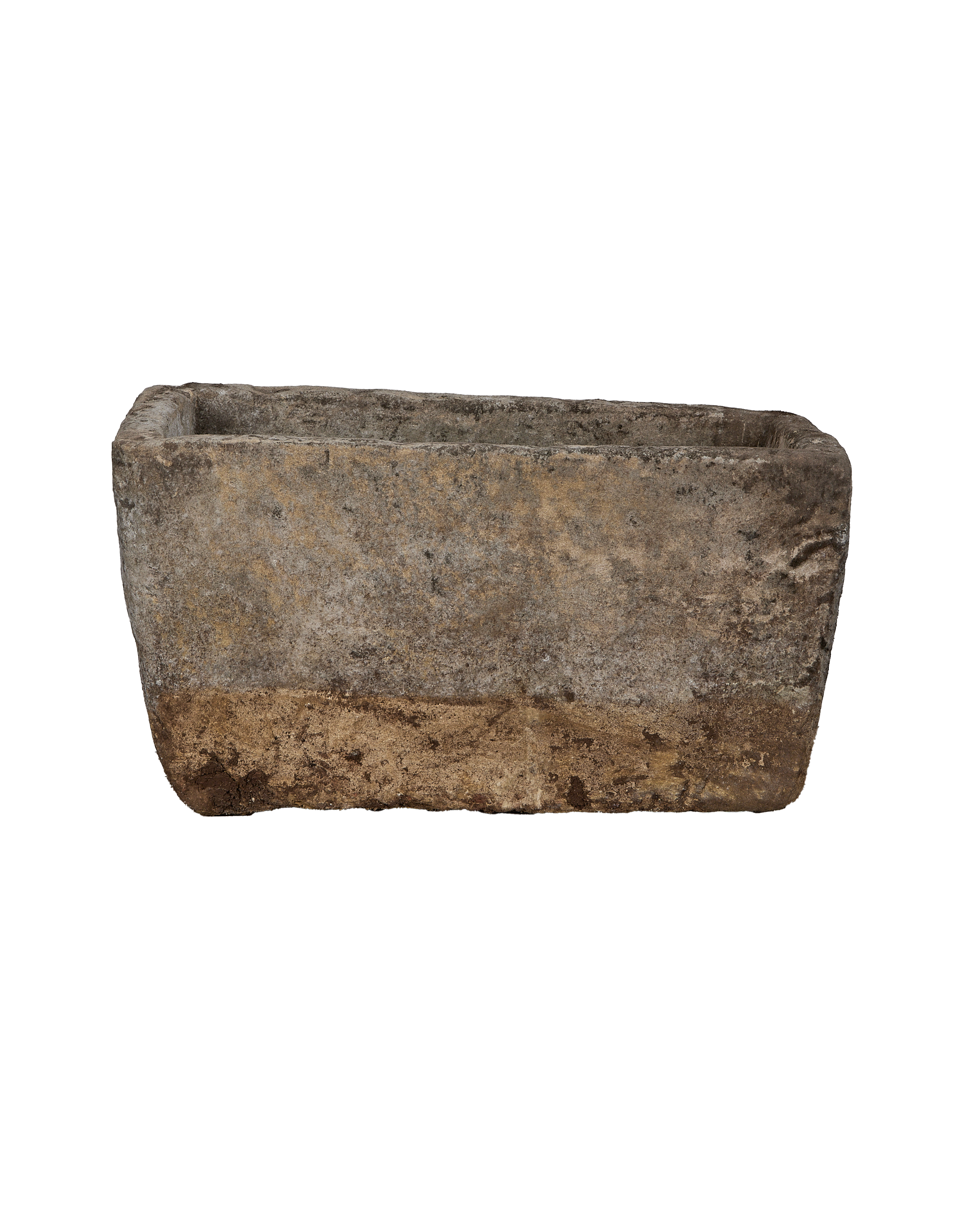 Vintage Indonesian rectangular limestone trough, front view showing weathered light brown and gray stone.