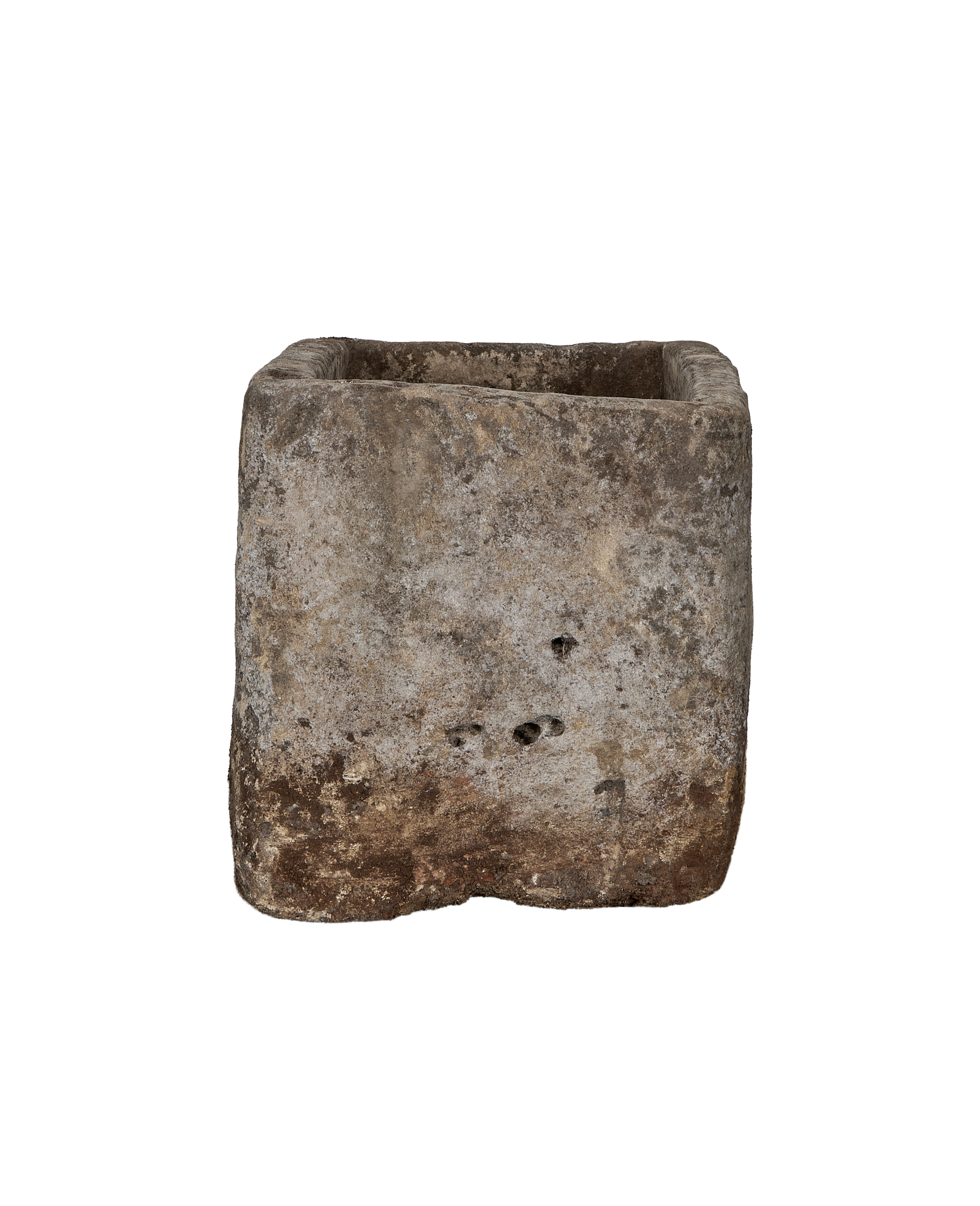 Vintage Indonesian limestone trough, top opening detail highlighting weathered texture and natural imperfections.