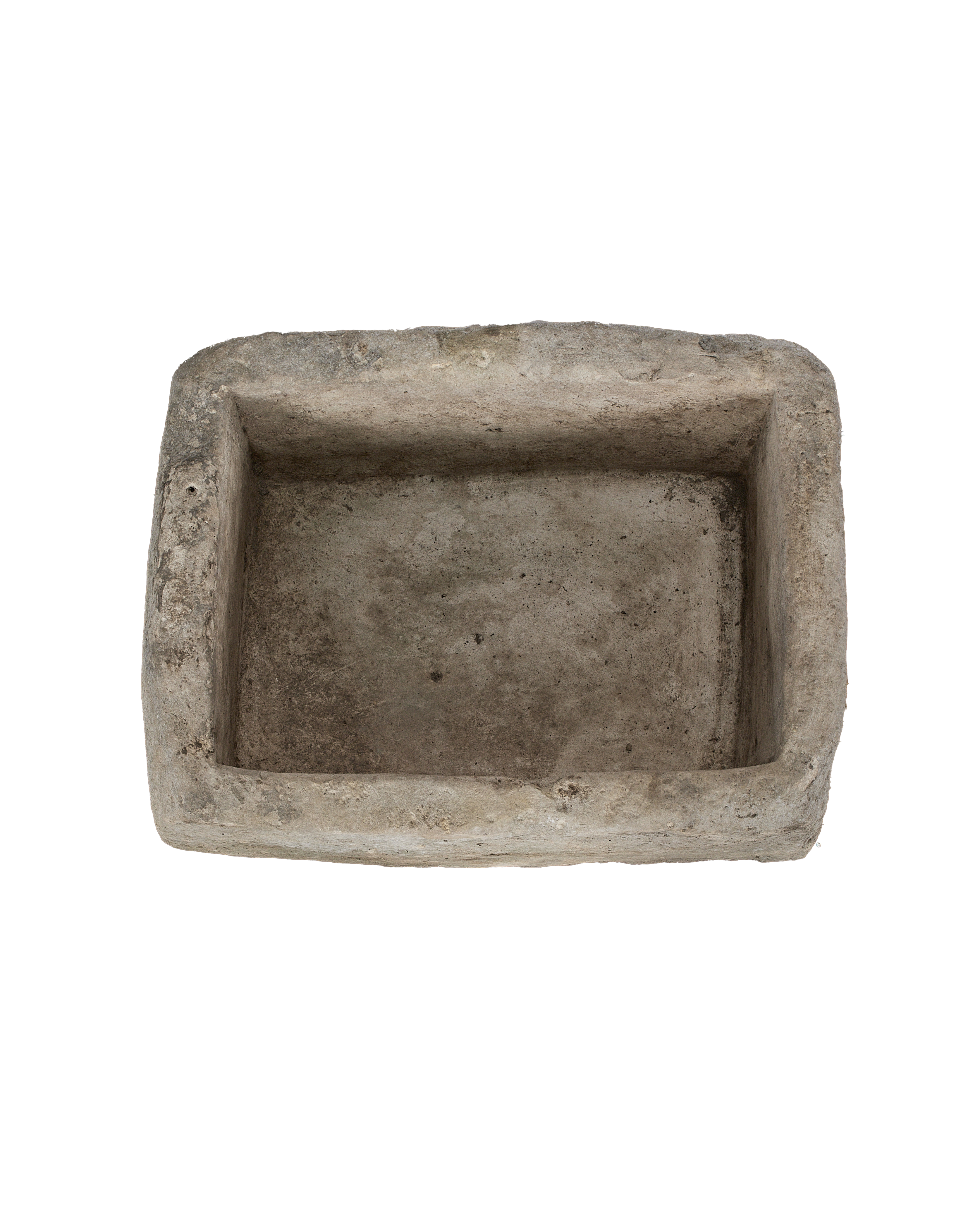 Vintage Indonesian limestone trough, overhead view highlighting rectangular interior with natural patina.