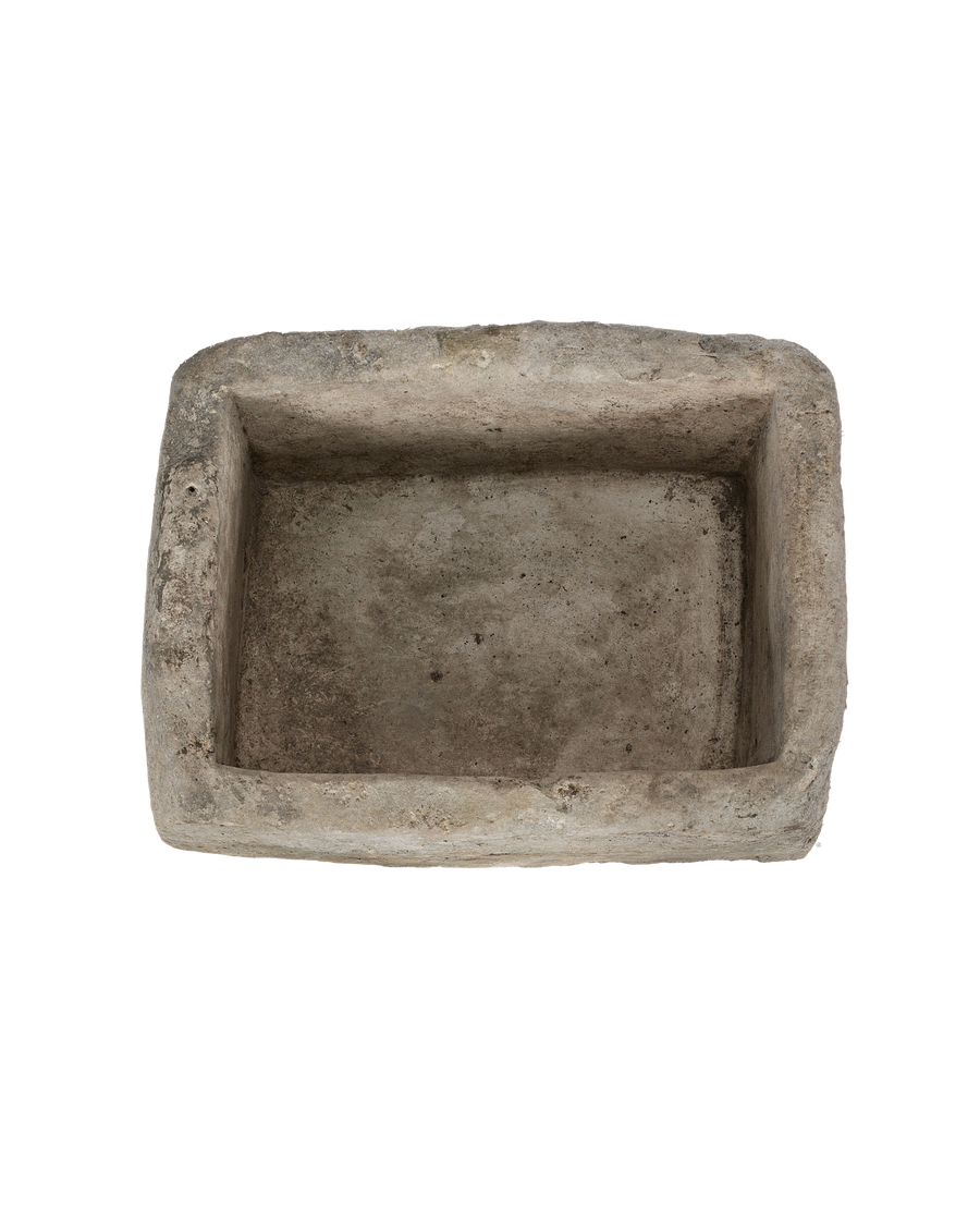 Vintage Indonesian limestone trough, overhead view highlighting rectangular interior with natural patina.