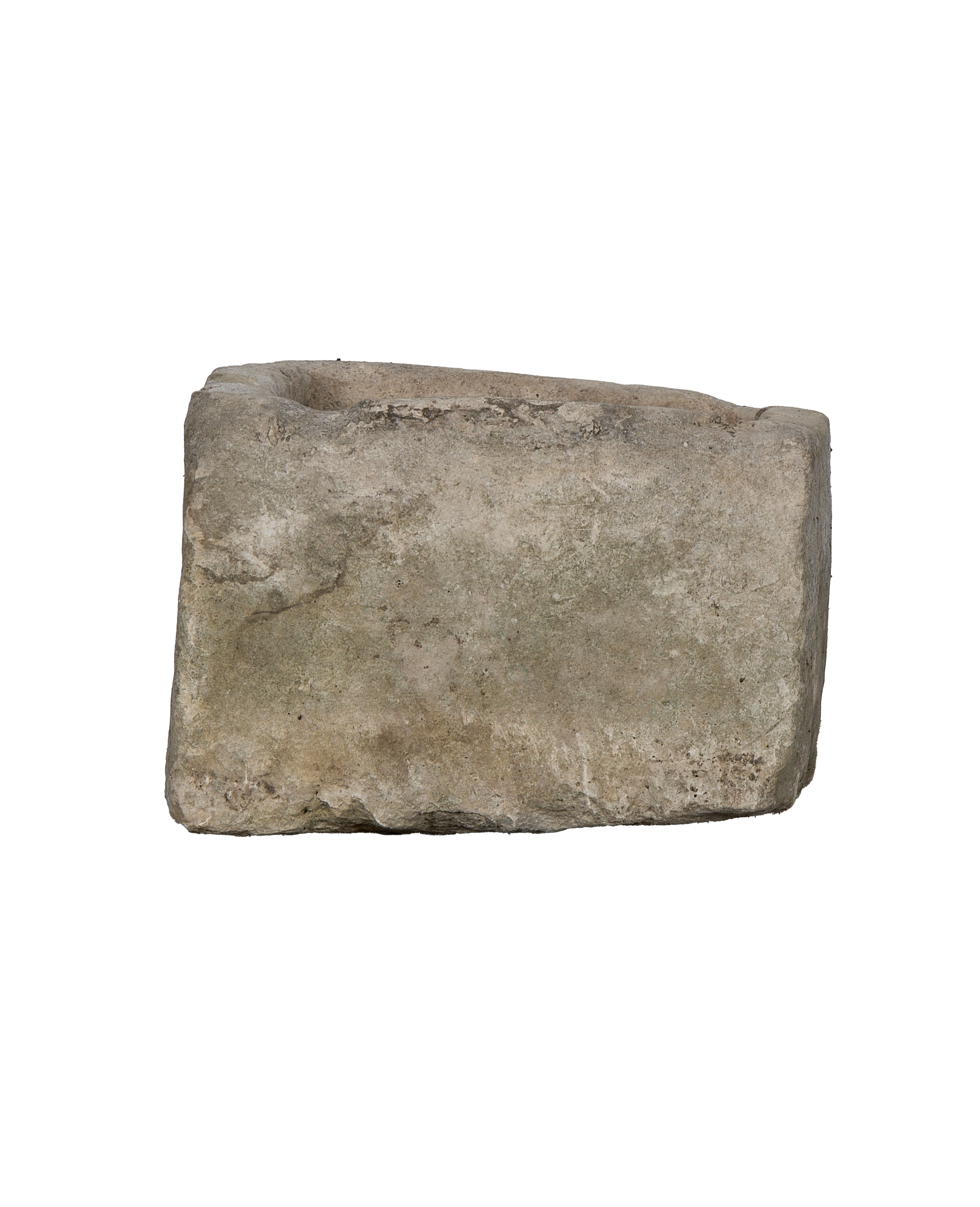 Vintage Indonesian rectangular limestone trough, rustic texture, dark top edge, straight-on view.