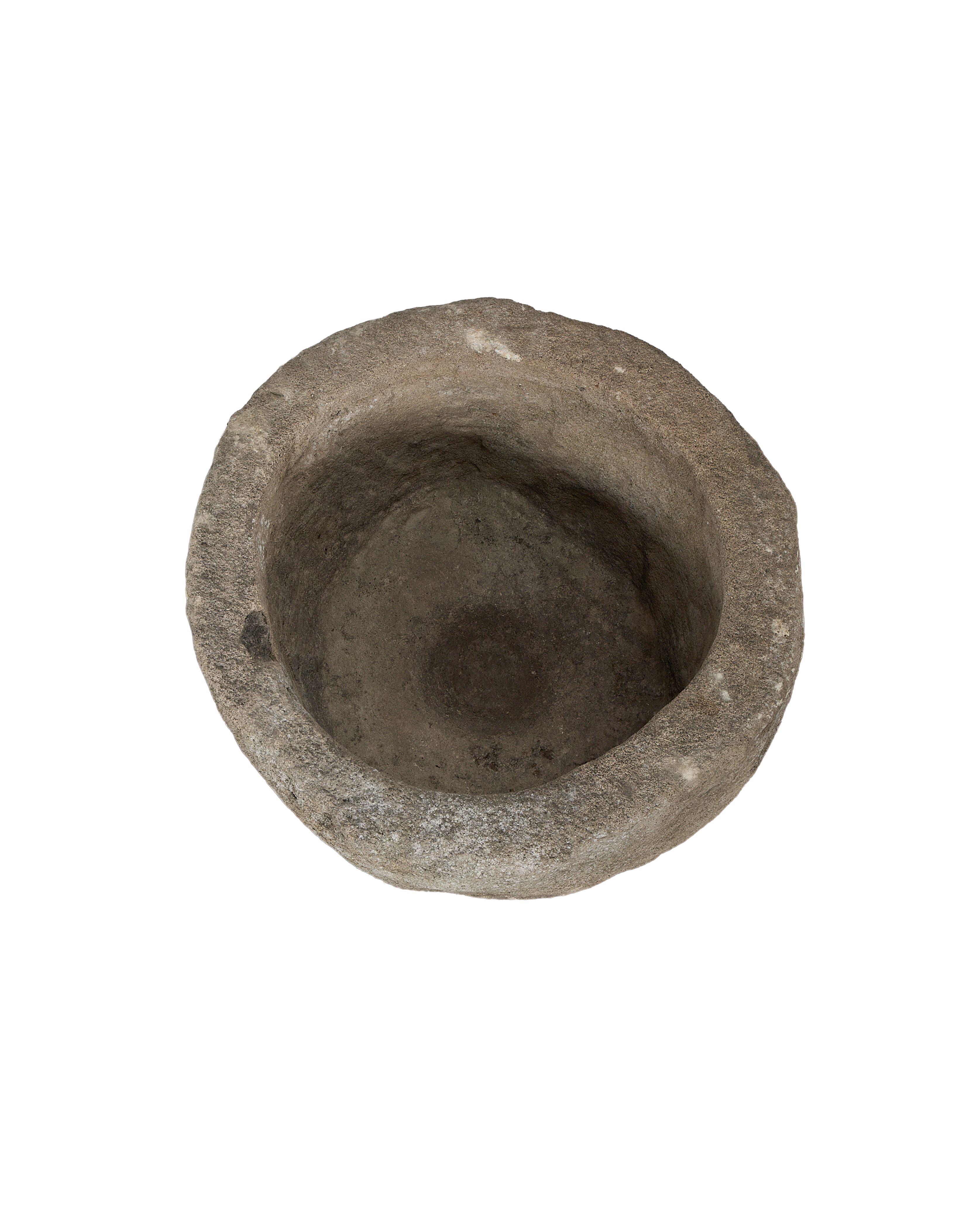 Vintage Indonesian limestone trough, close-up angled interior view, rustic texture, natural wear and patina.