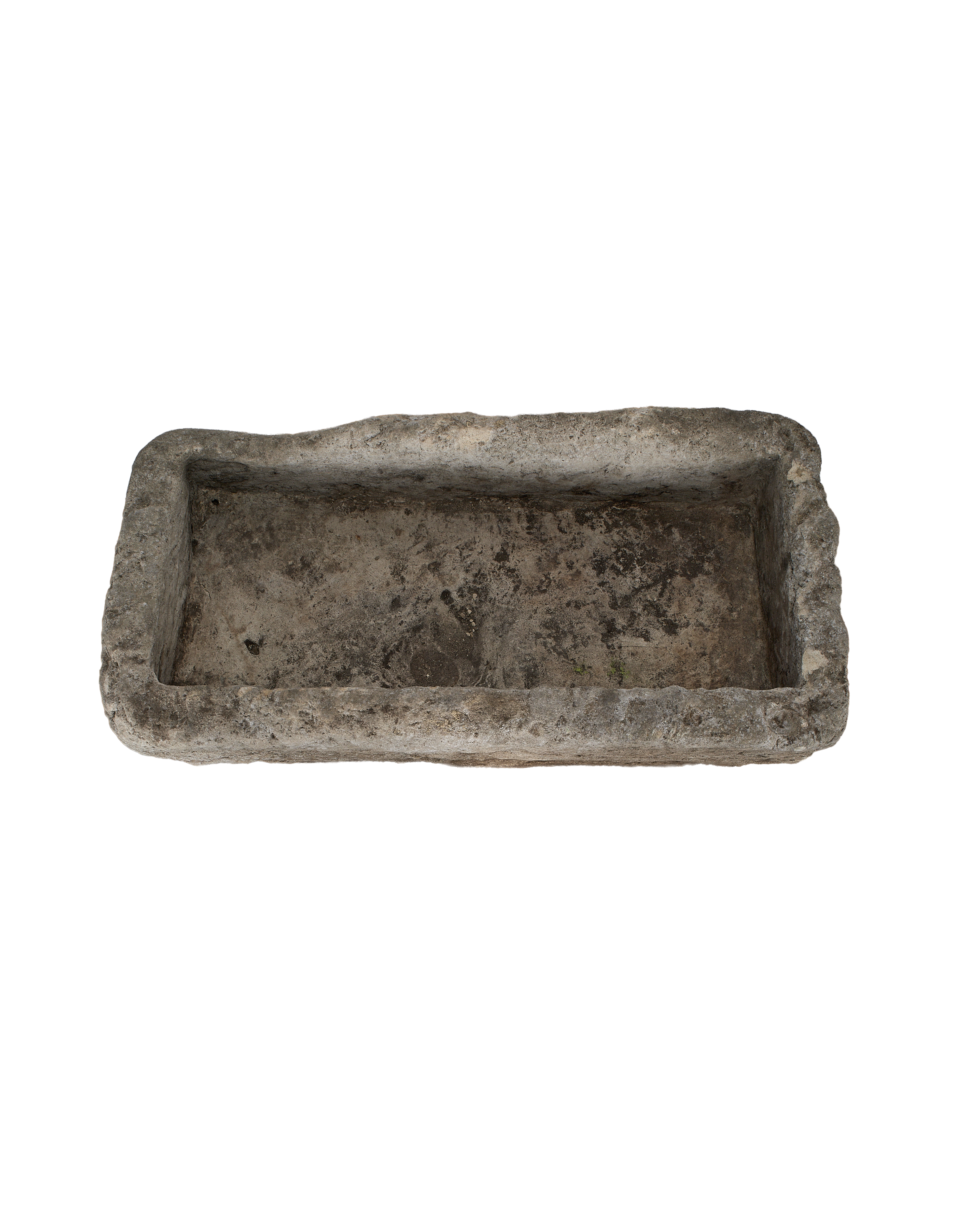 Vintage rectangular limestone trough, weathered gray, with a rough textured interior.