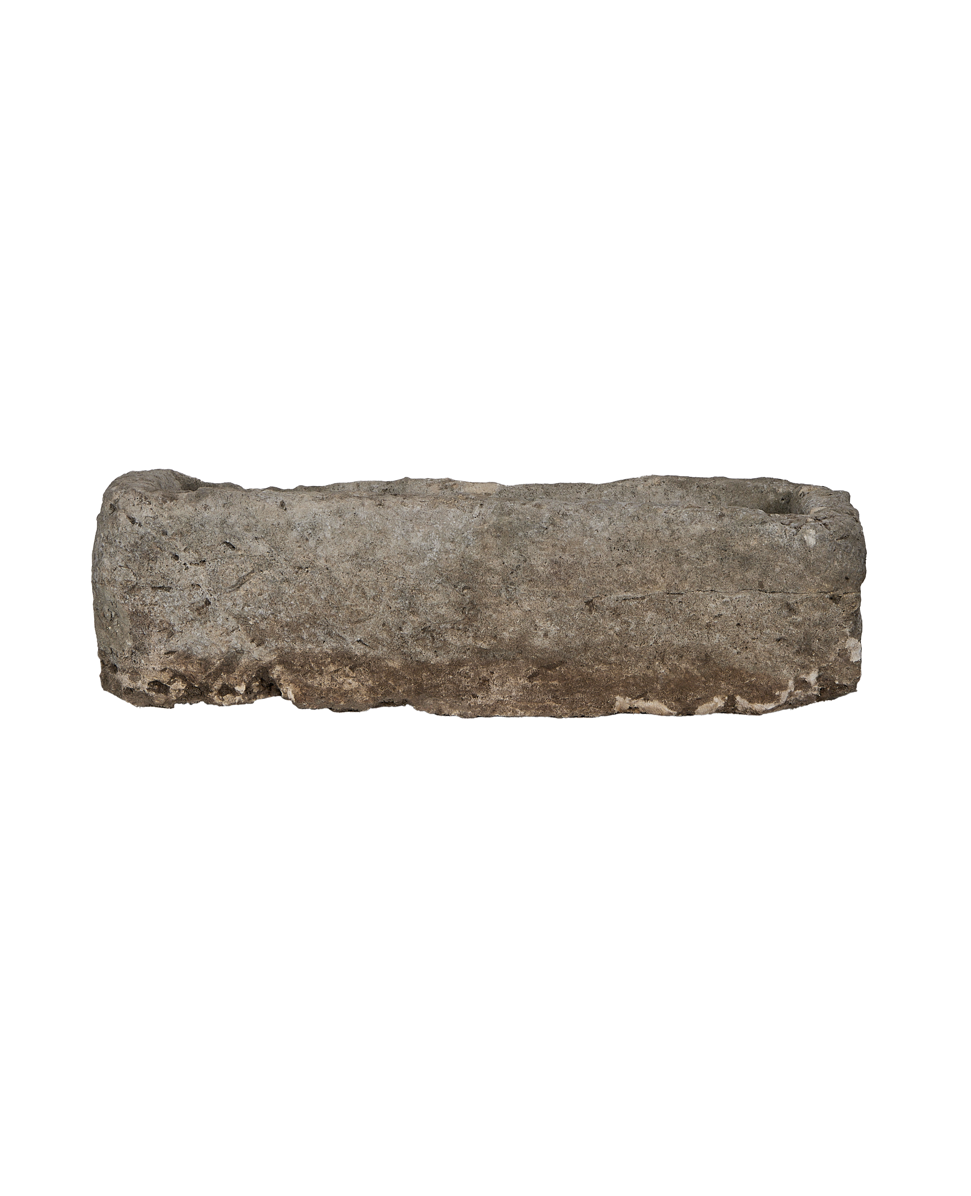 Vintage Indonesian rectangle limestone trough, rough texture, weathered gray surface, overhead view.