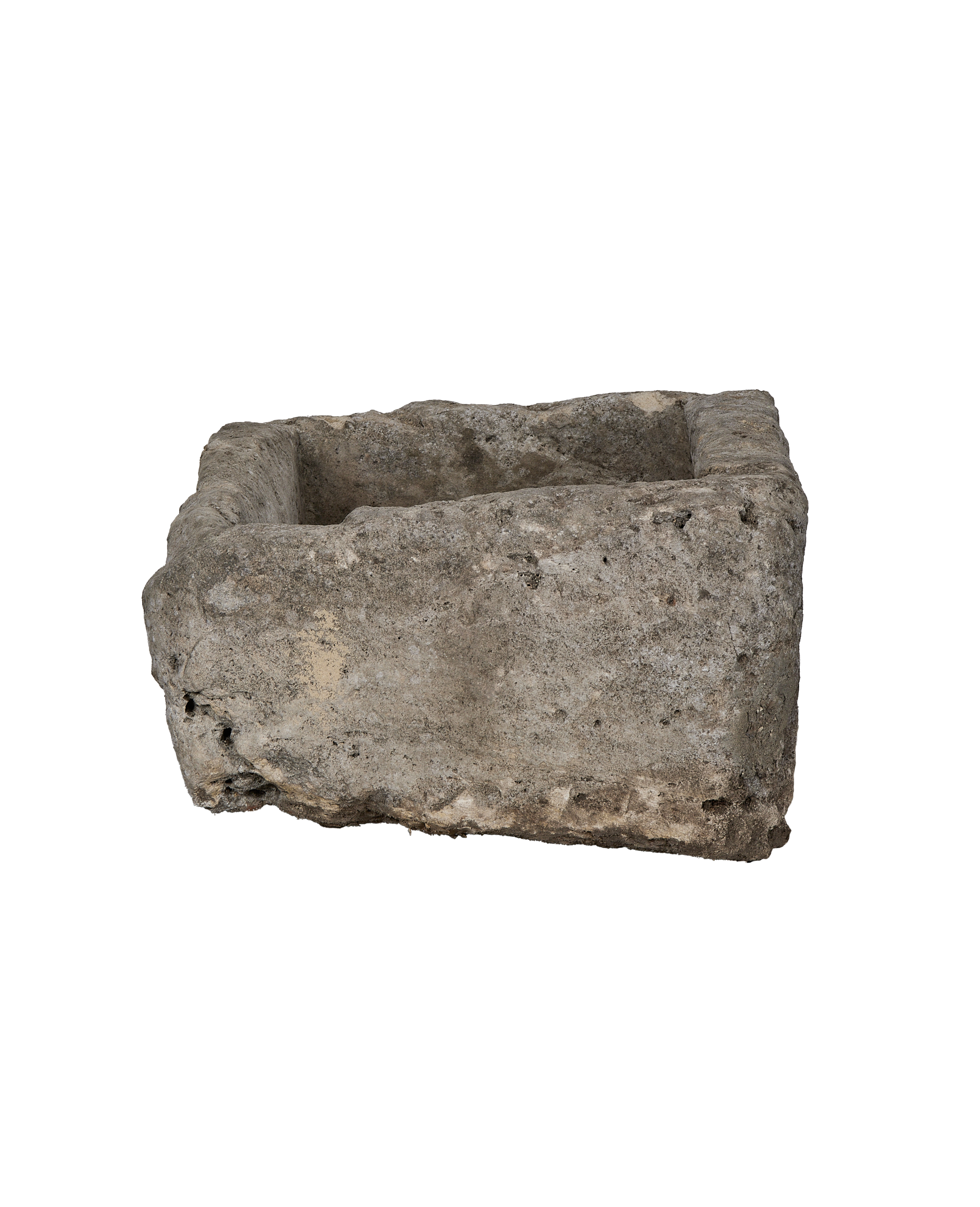 Vintage Indonesian rectangular limestone trough, showcasing rough textured surface, weathered patin, and natural imperfections.