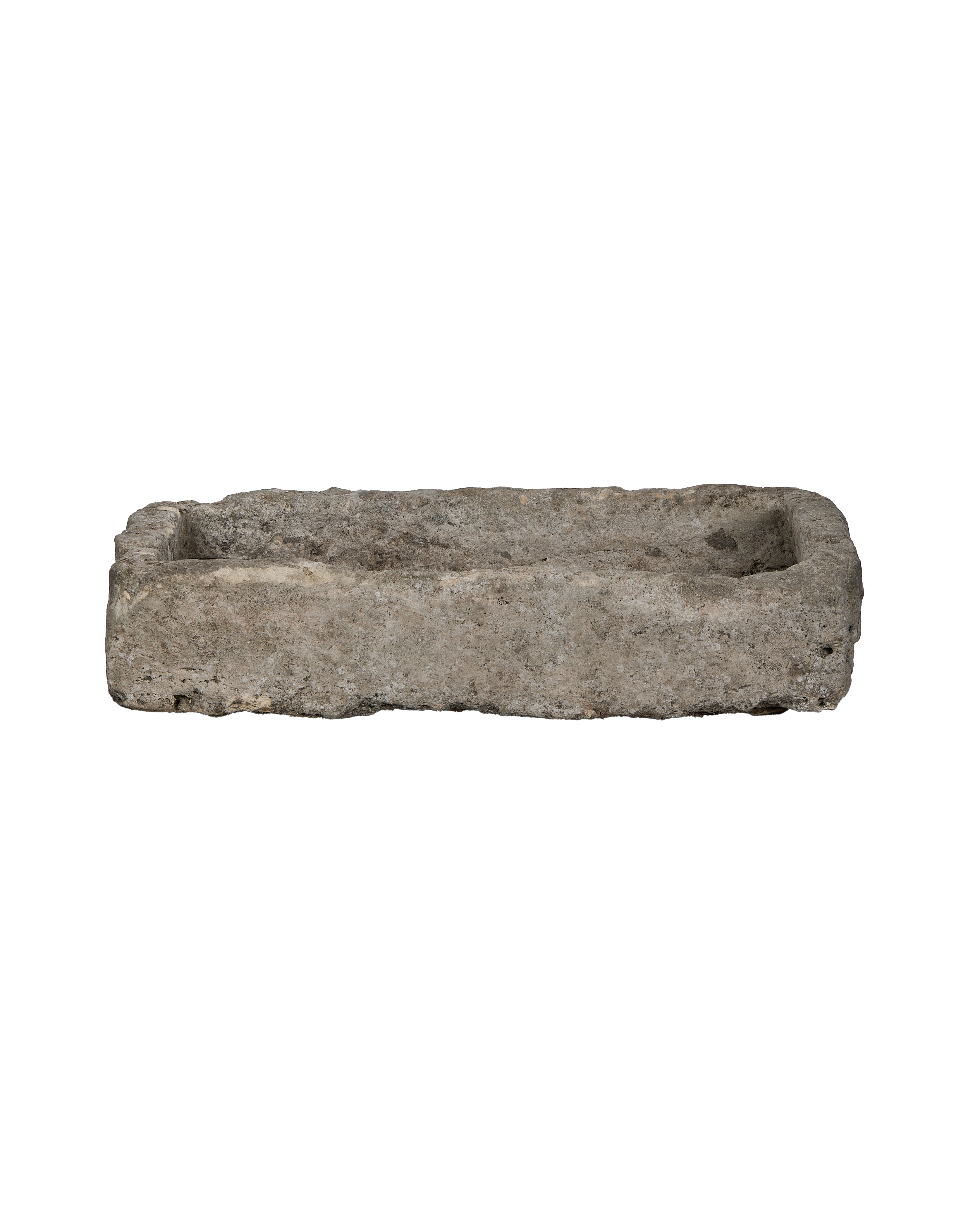 Vintage limestone rectangle trough, OAK, visible rough texture and weathered finish.