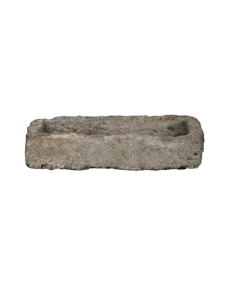 Vintage limestone rectangle trough, OAK, visible rough texture and weathered finish.