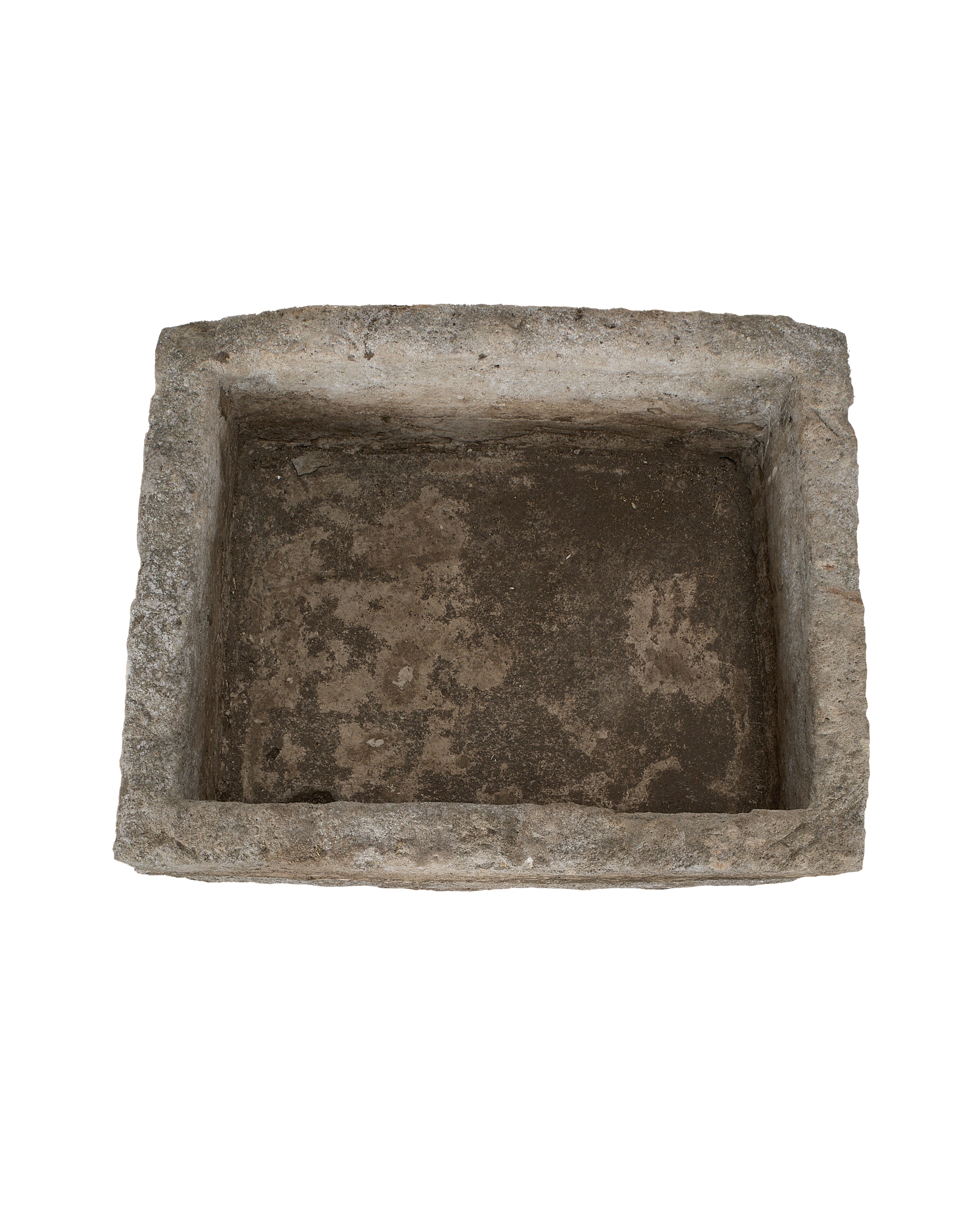 Vintage rectangular Indonesian limestone trough with weathered, textured interior.