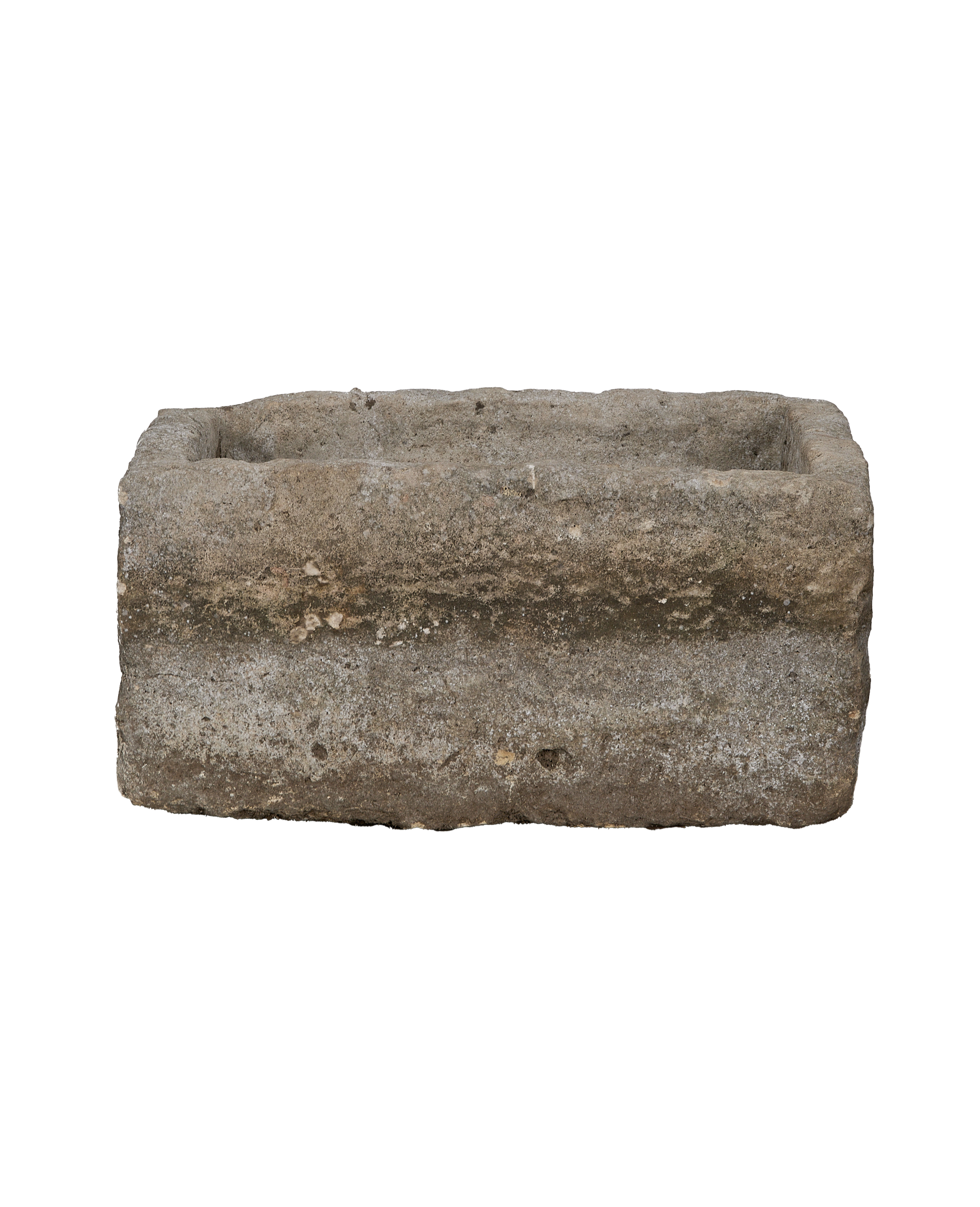 Vintage rectangular Indonesian limestone trough, OAK finish, with textured weathered surface.