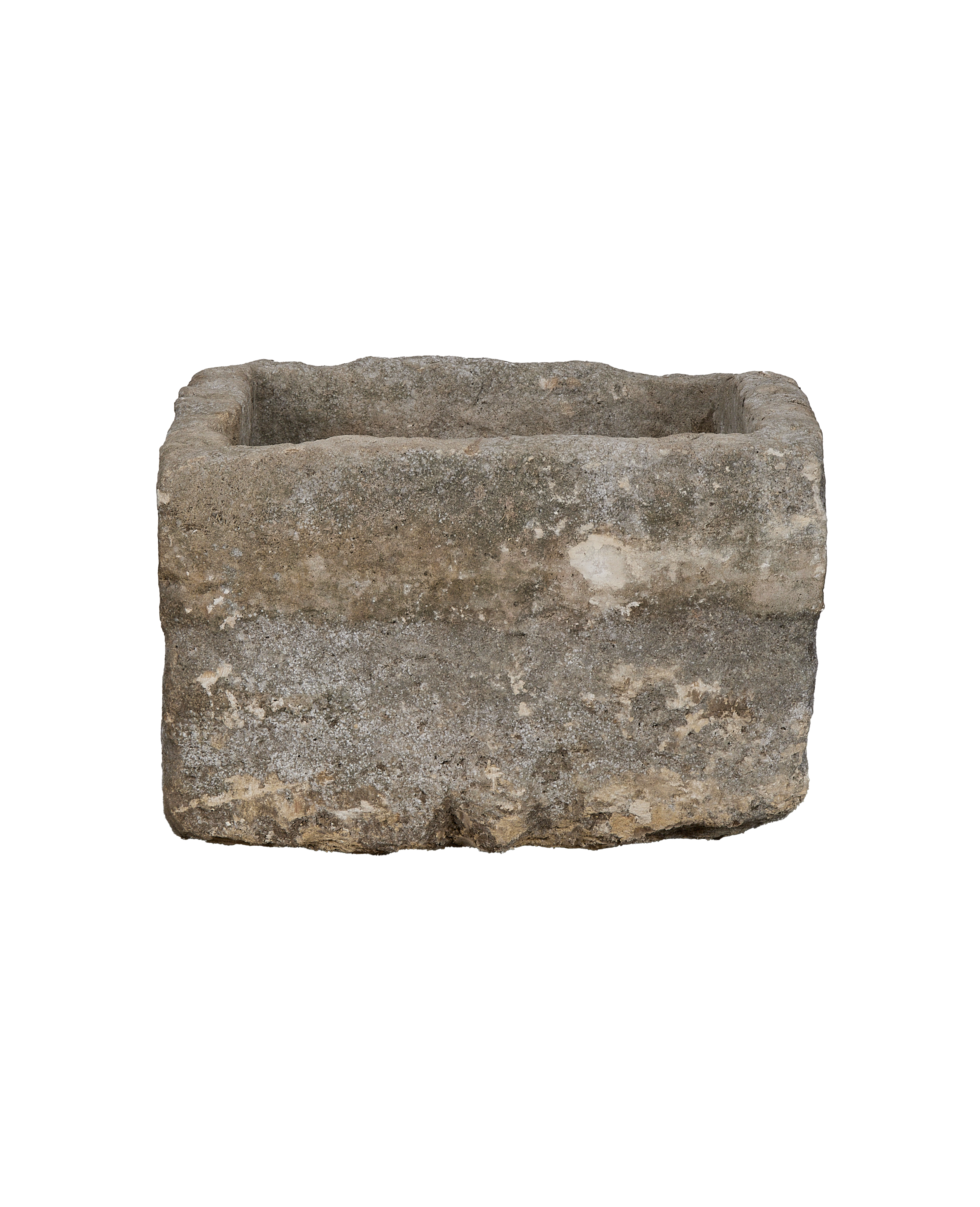 Vintage Indonesian OAK limestone trough, showing unique texture and lichen growth.