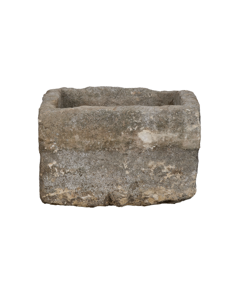 Vintage Indonesian OAK limestone trough, showing unique texture and lichen growth.