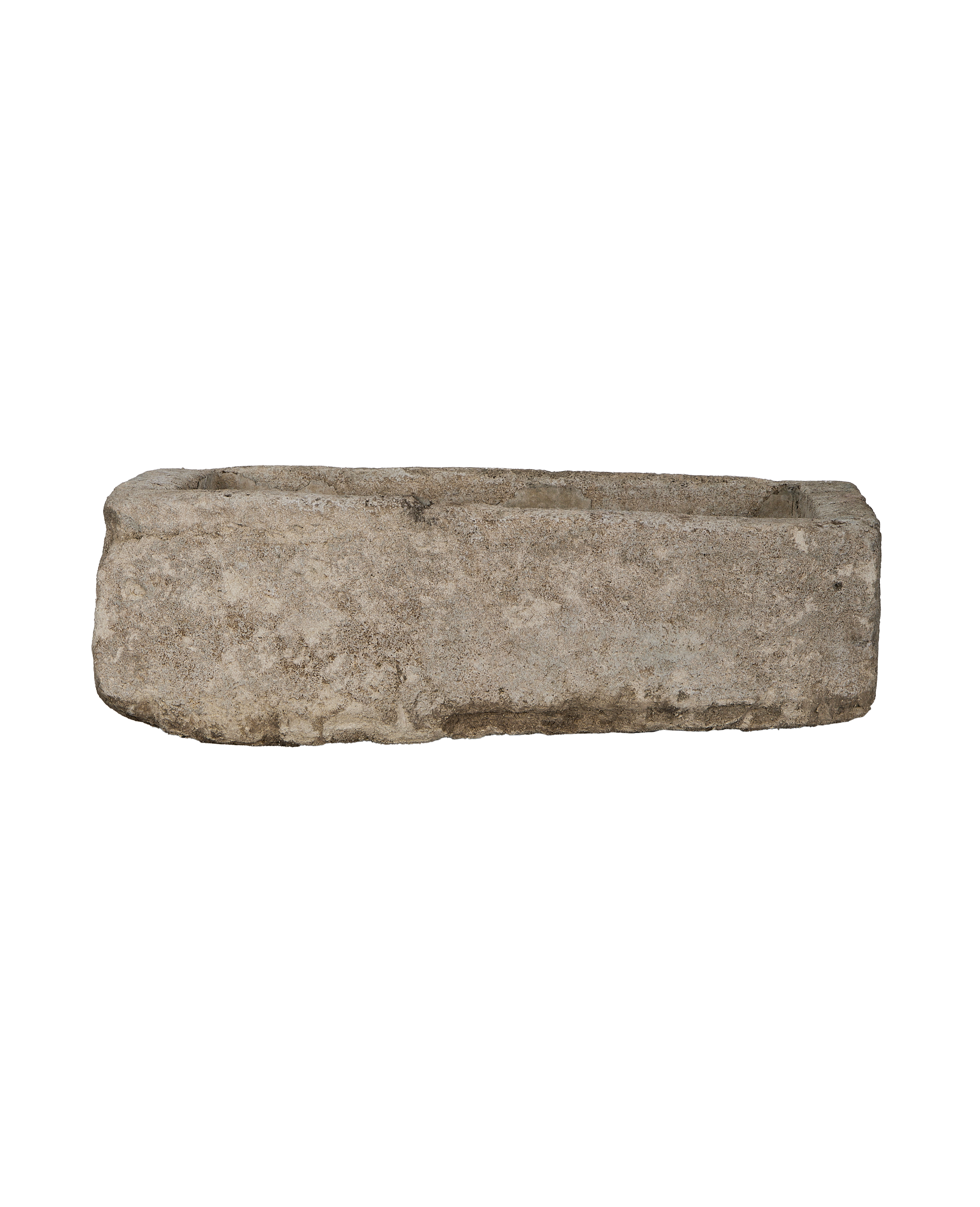 Vintage Indonesian limestone rectangular trough, weathered gray texture, side view.