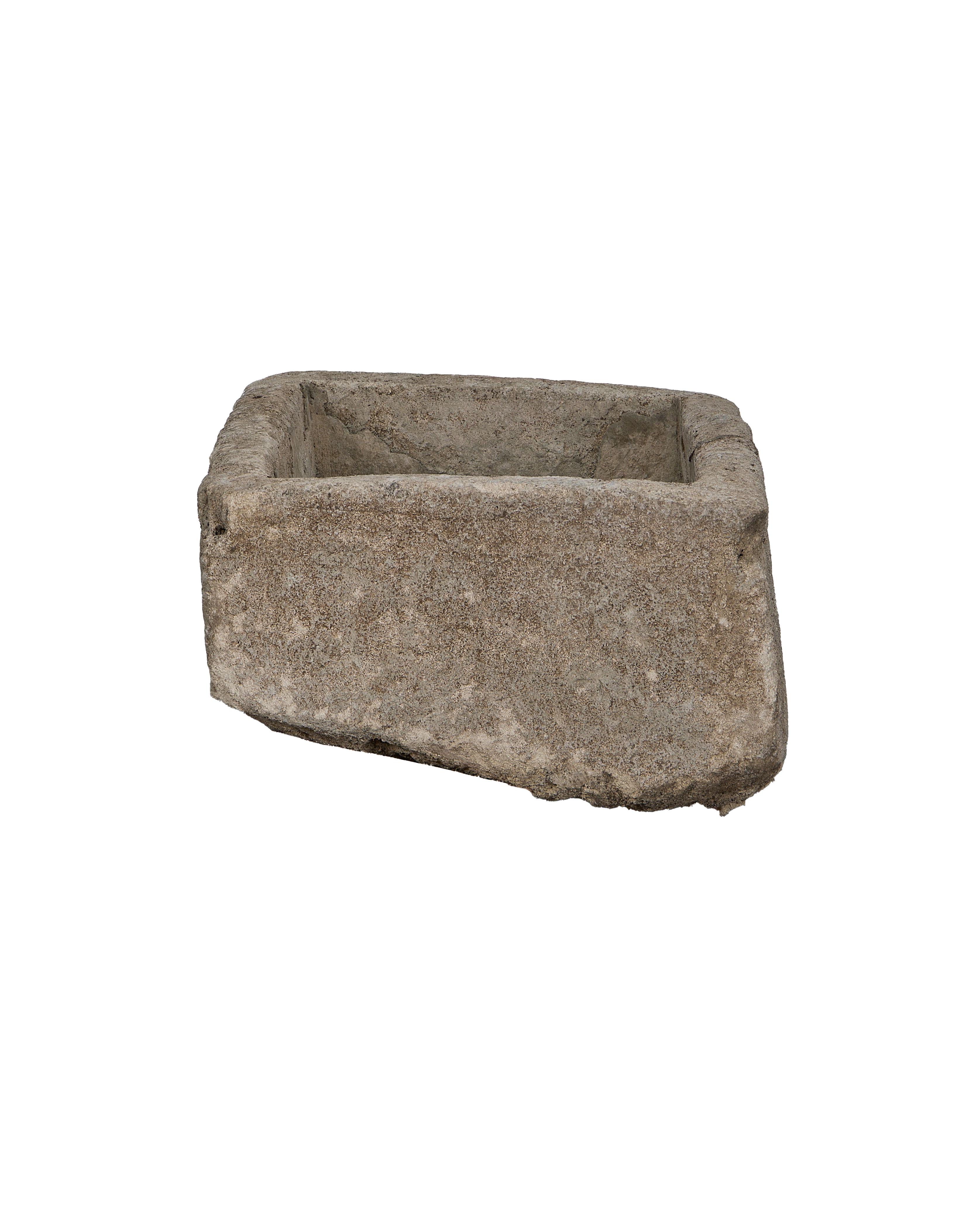 Vintage rectangular grey limestone trough from Indonesia, showing rough texture and weathered edges.