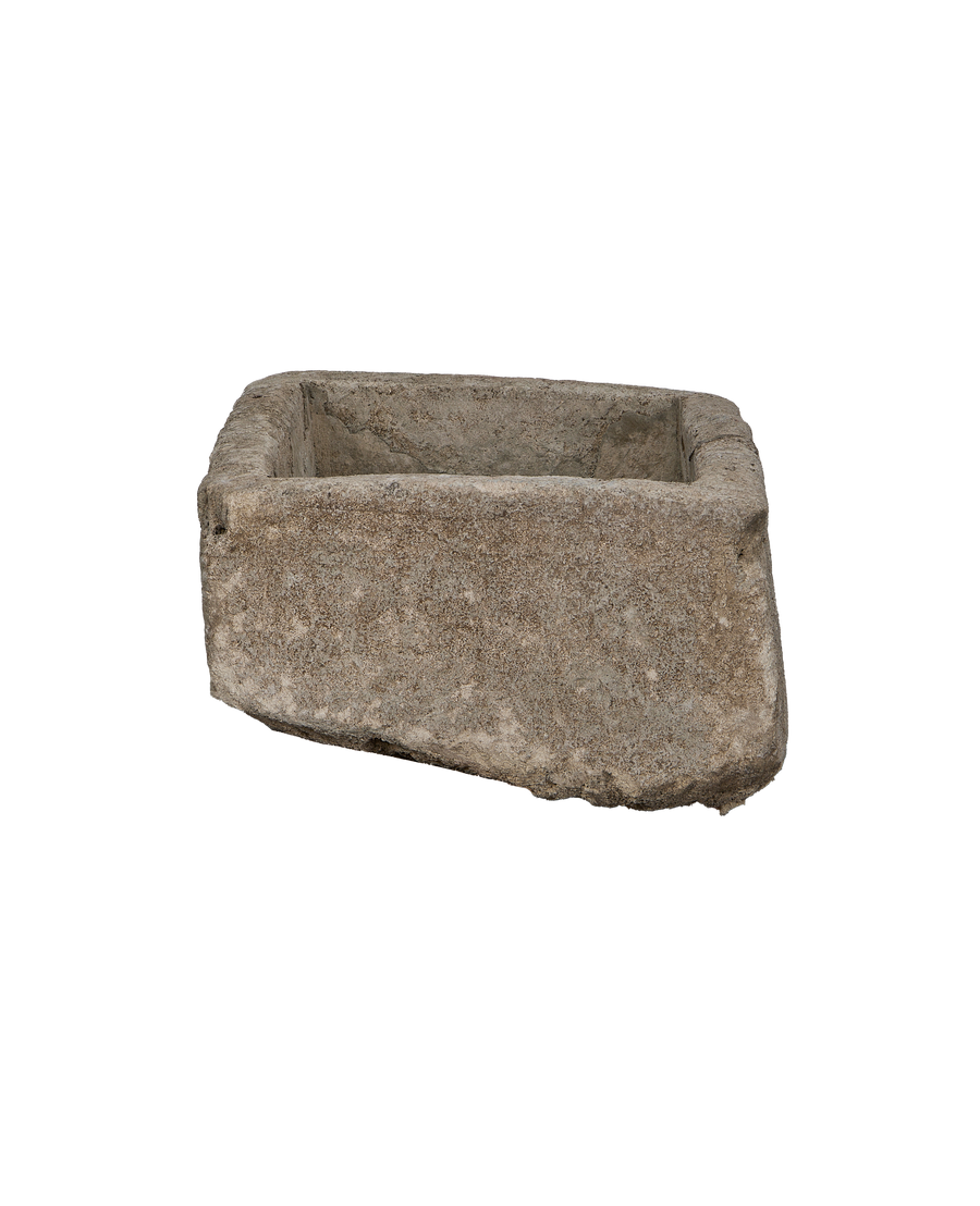 Vintage rectangular grey limestone trough from Indonesia, showing rough texture and weathered edges.