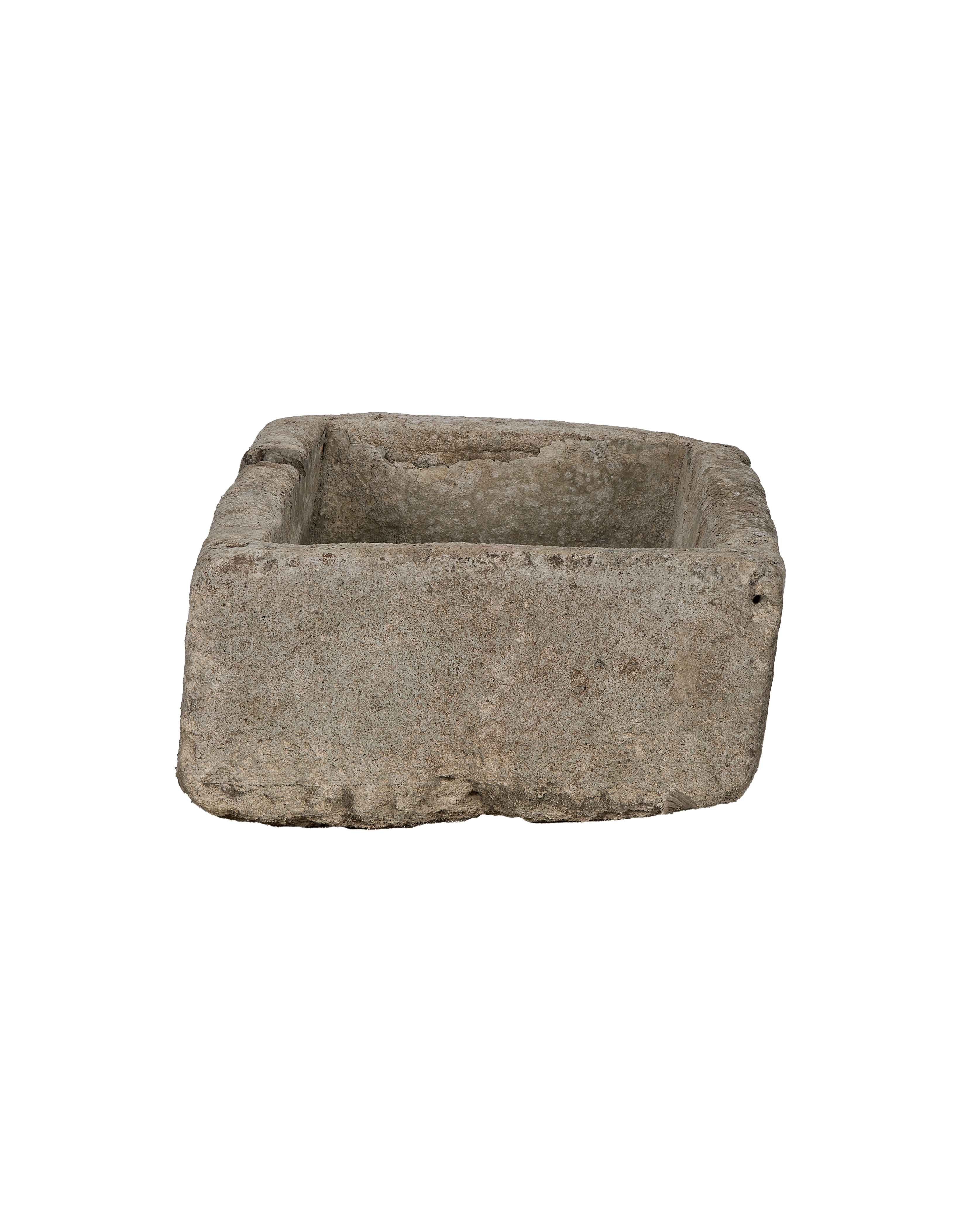 Vintage rectangular limestone trough from Indonesia with rugged, weathered interior texture.