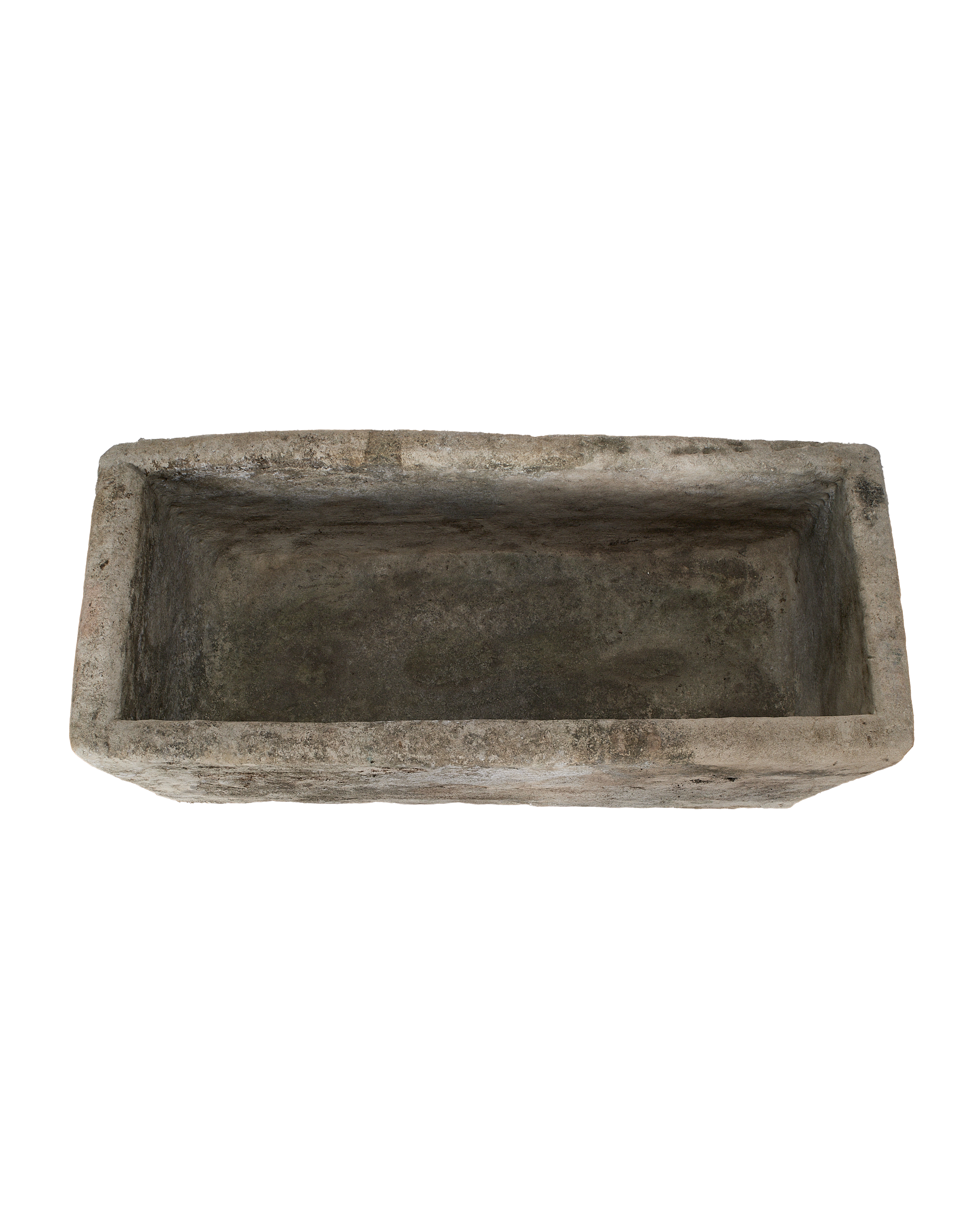 Vintage Limestone Trough, rectangular, showing interior and rough, weathered texture from above.