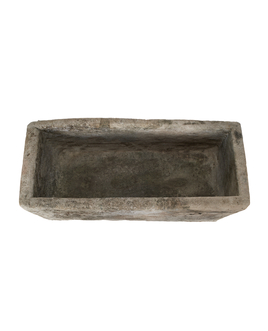 Vintage Limestone Trough, rectangular, showing interior and rough, weathered texture from above.