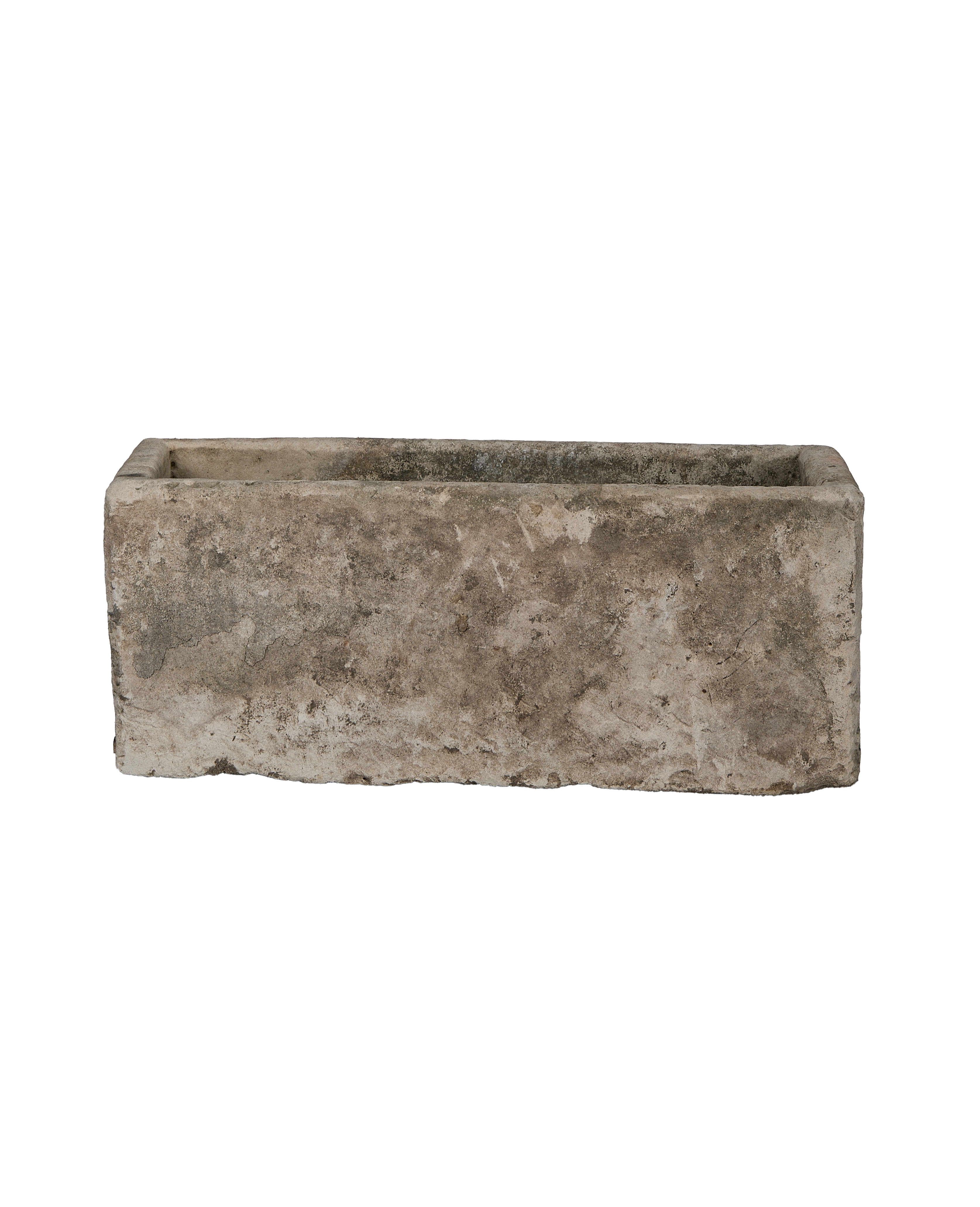 Vintage rectangular limestone trough, showing weathered texture and aged patina on all surfaces.