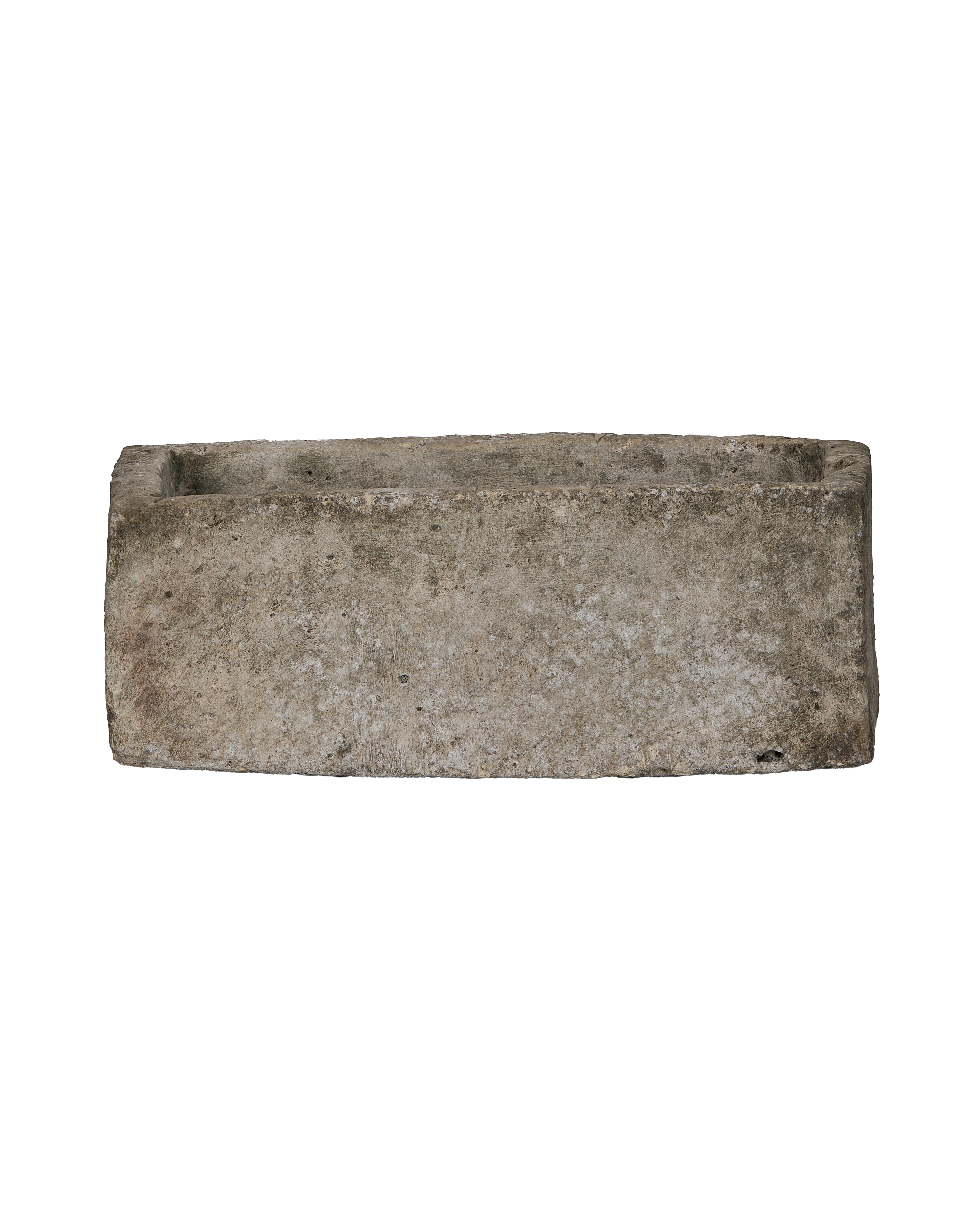 Vintage Indonesian rectangular limestone trough with aged, weathered texture and natural gray patina.