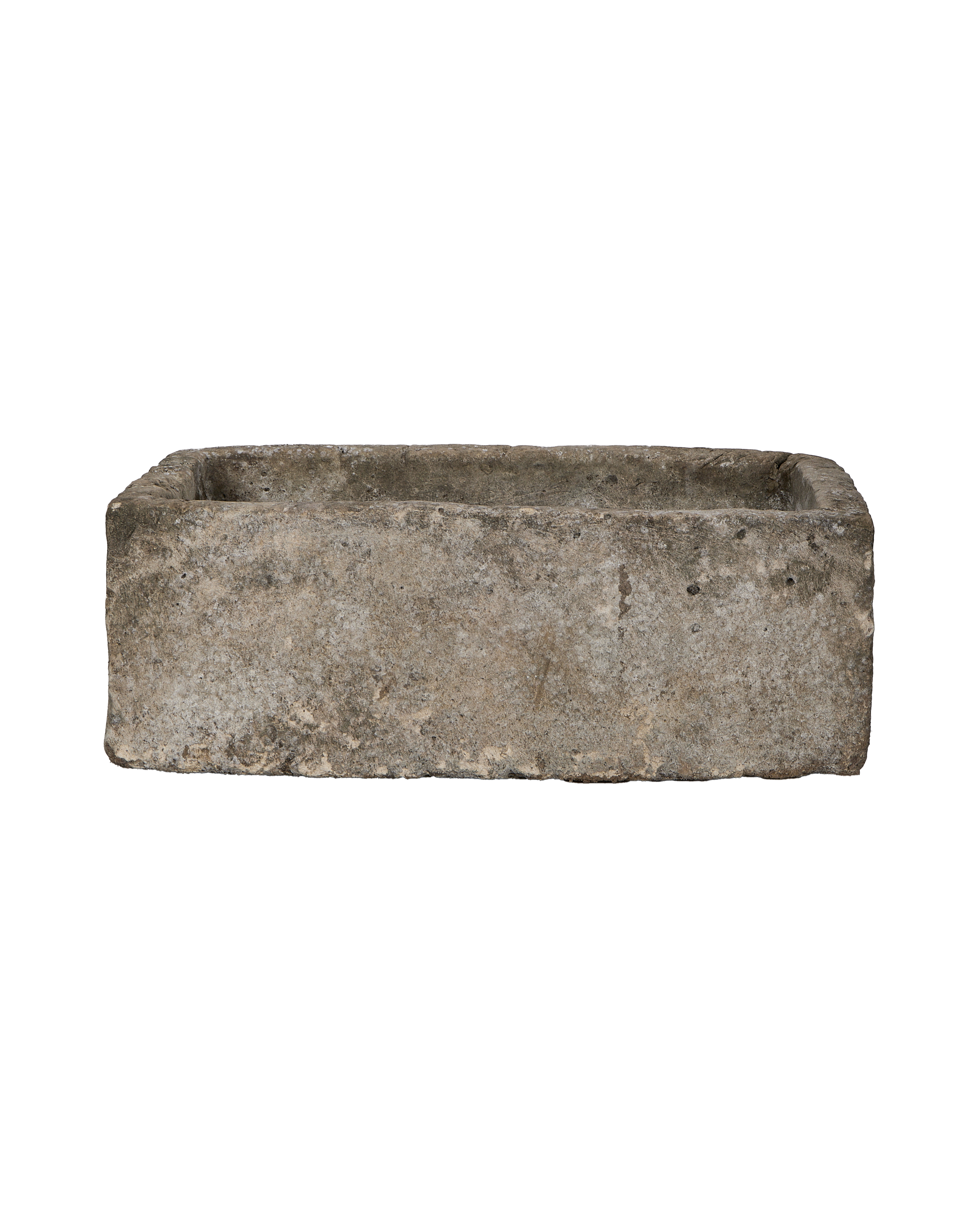 Vintage Indonesian limestone trough, top view highlighting rough texture and weathered condition.