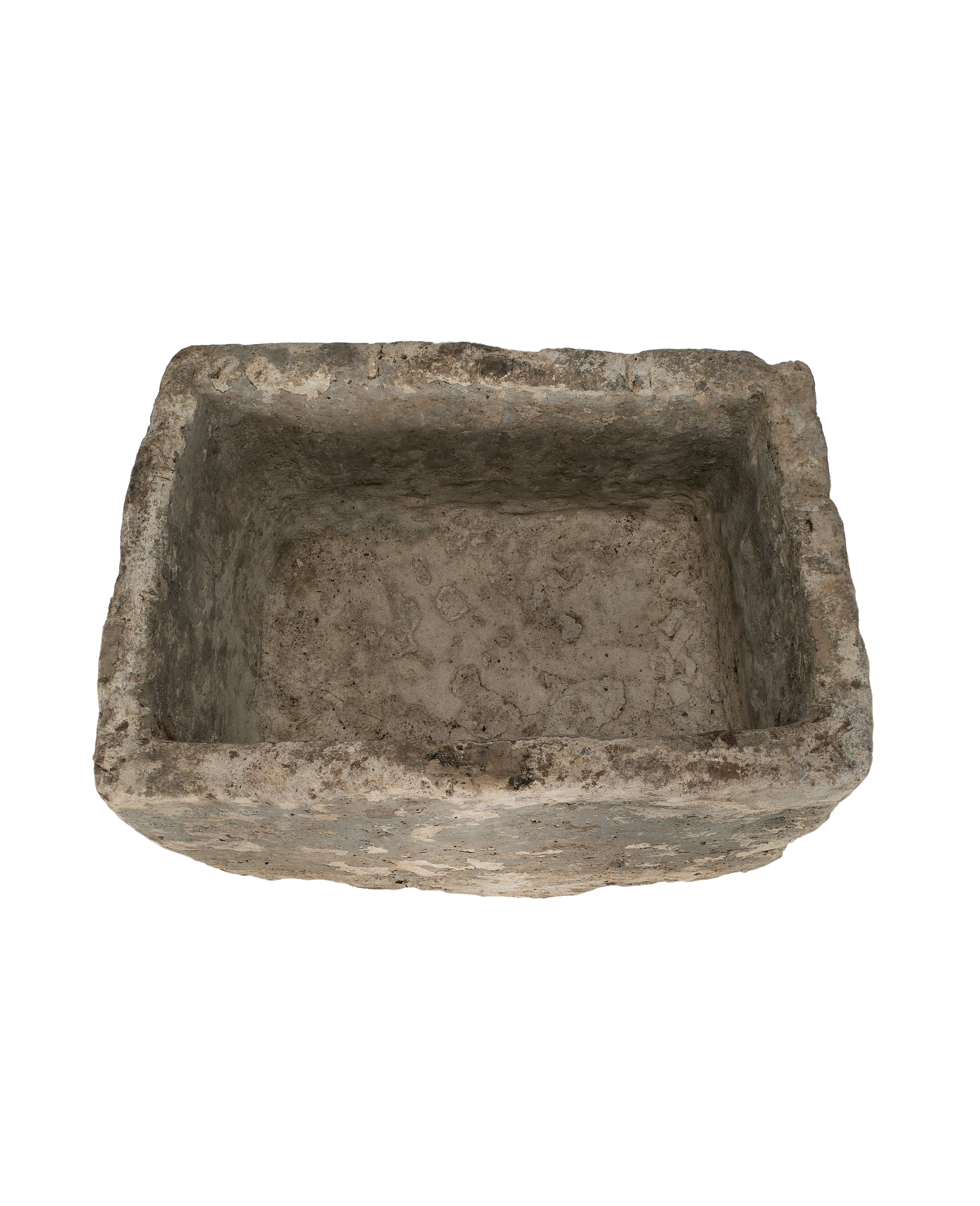 Vintage rectangular Indonesian limestone trough, top-down view showing interior texture.