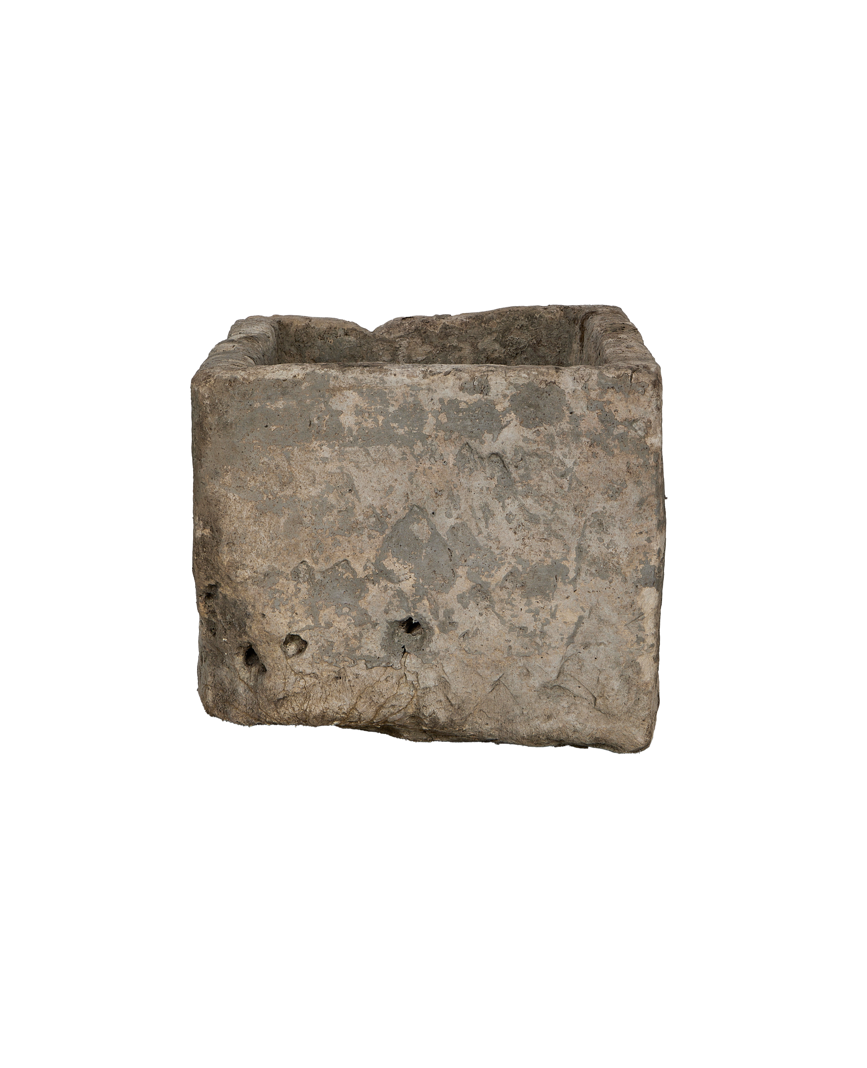 Vintage Indonesian limestone trough, rectangular, showcasing textured grey stone exterior and rough interior.