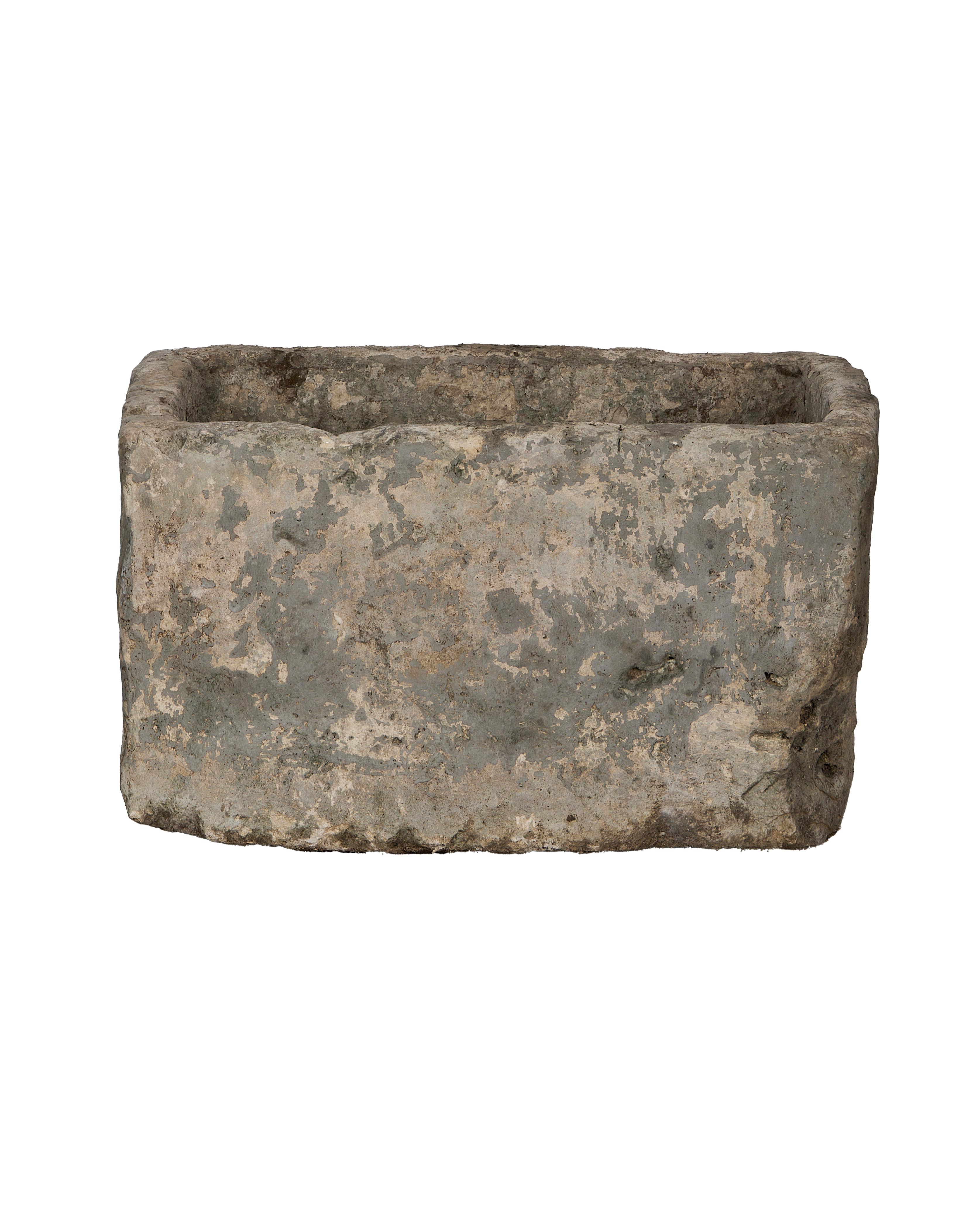 Vintage rectangular limestone trough, showing distressed weathered surface texture on side.