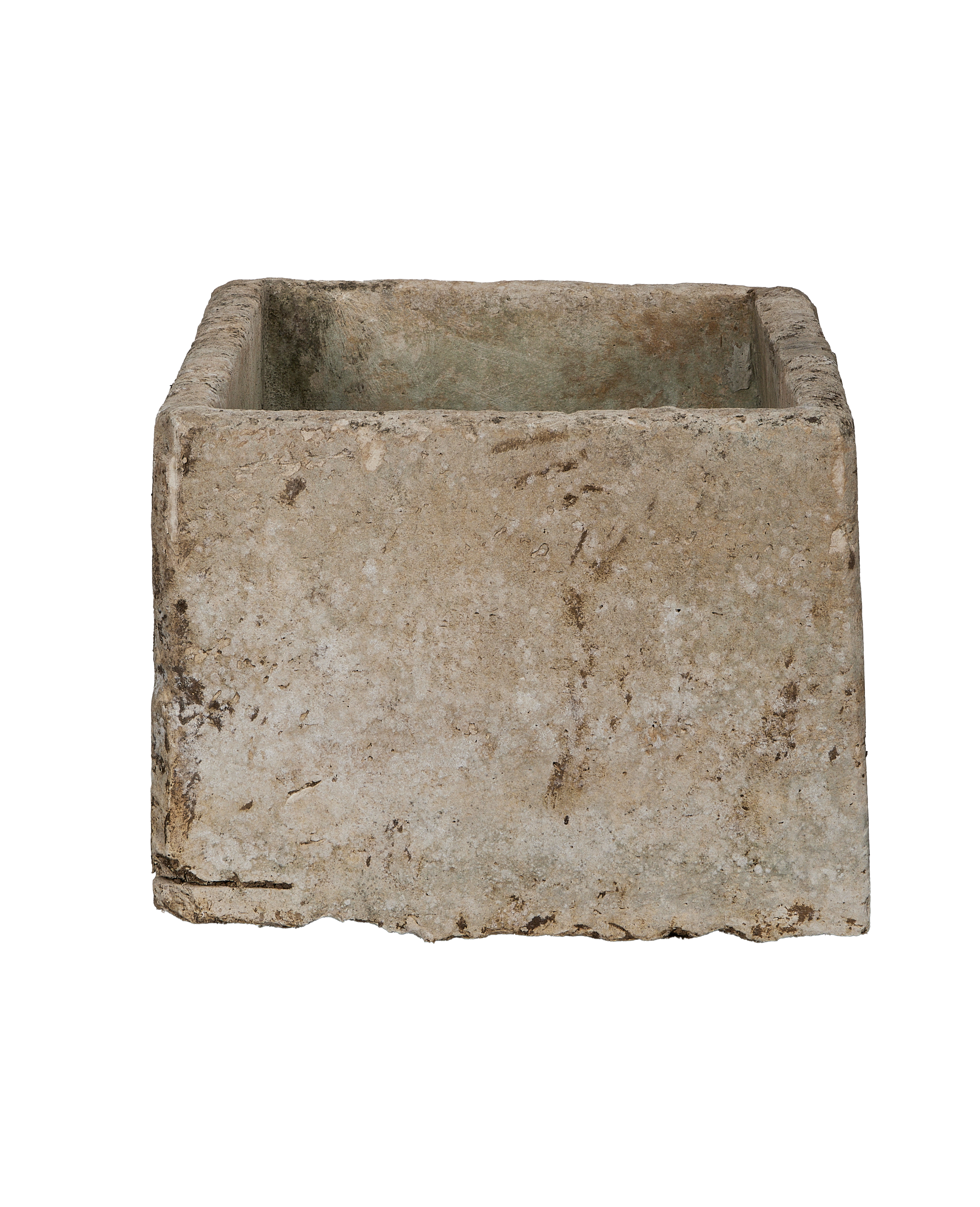 Vintage Indonesian limestone trough, rectangular, OAK, with natural stone texture and visible interior.