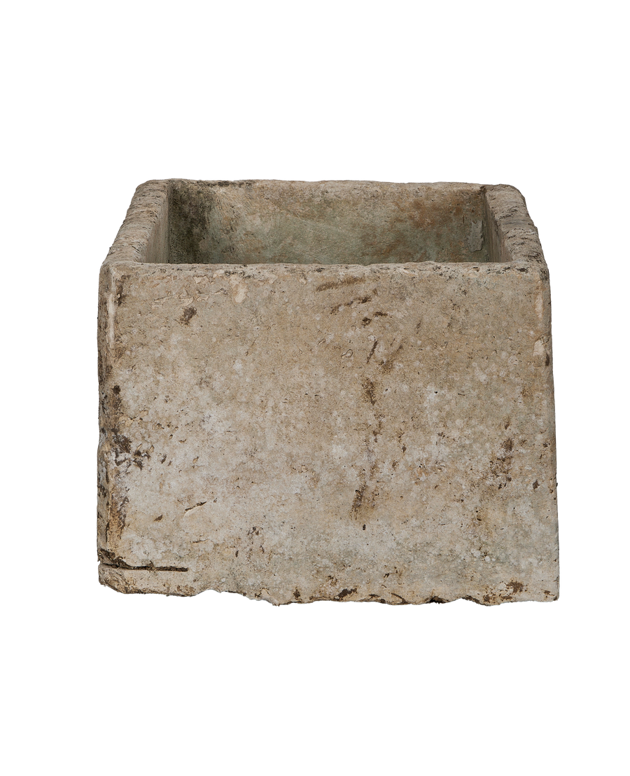 Vintage Indonesian limestone trough, rectangular, OAK, with natural stone texture and visible interior.