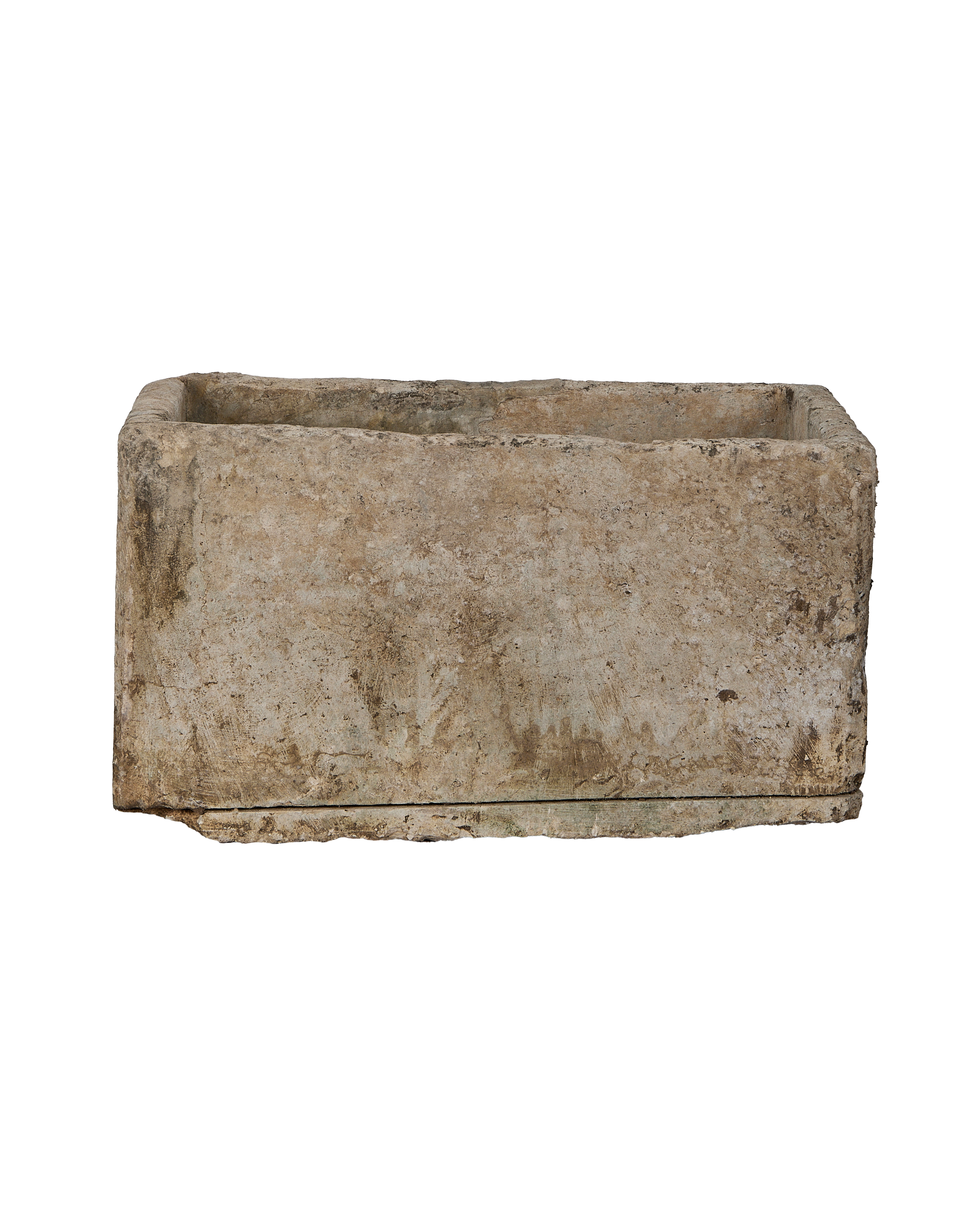 Vintage rectangular limestone planter trough from Indonesia, weathered rustic texture.
