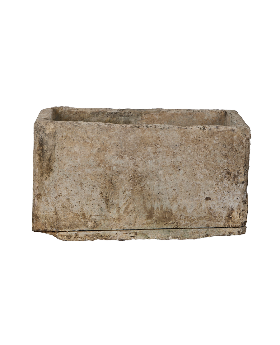 Vintage rectangular limestone planter trough from Indonesia, weathered rustic texture.