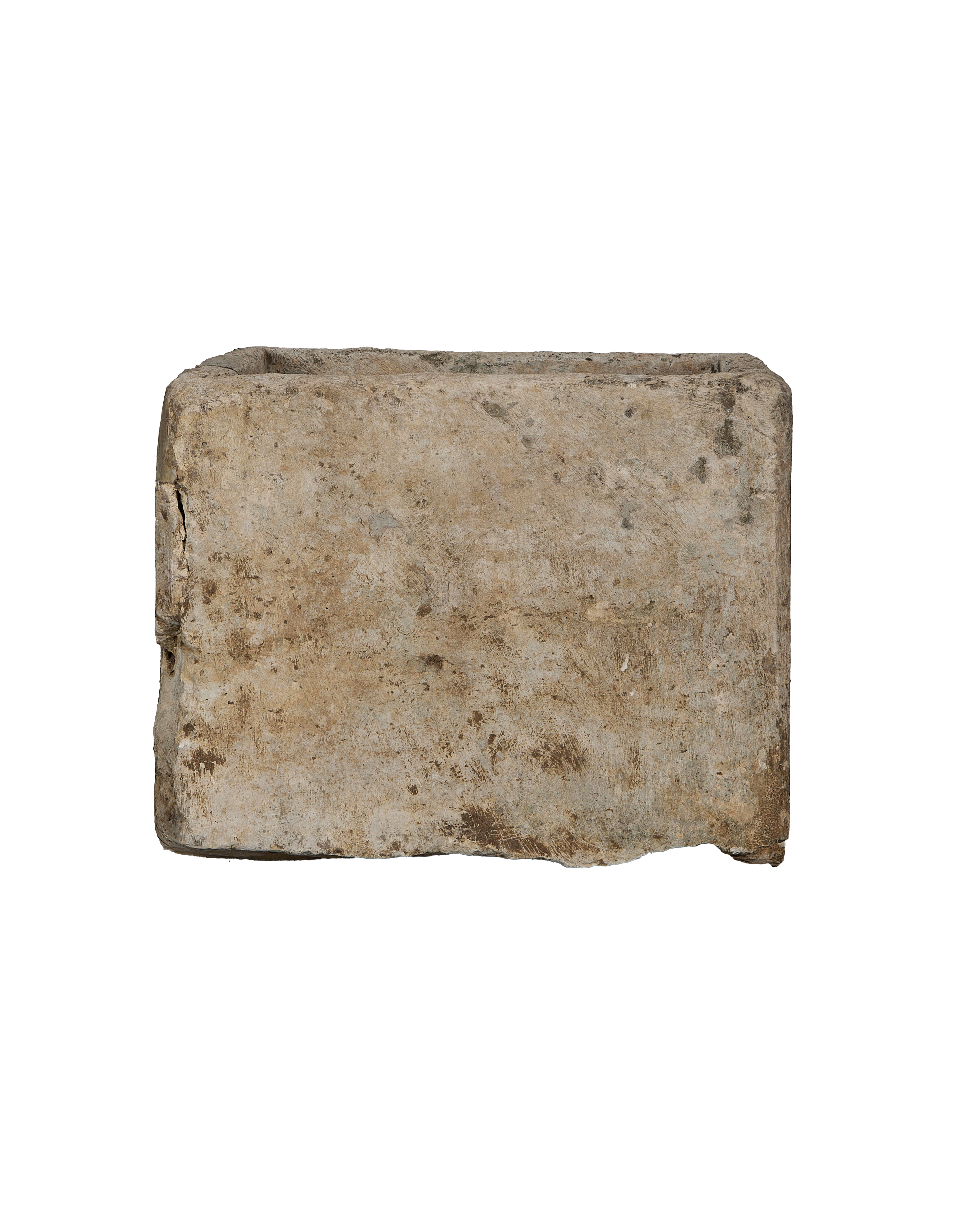 Vintage Indonesian limestone trough, top-down view showing weathered texture and rectangular shape.