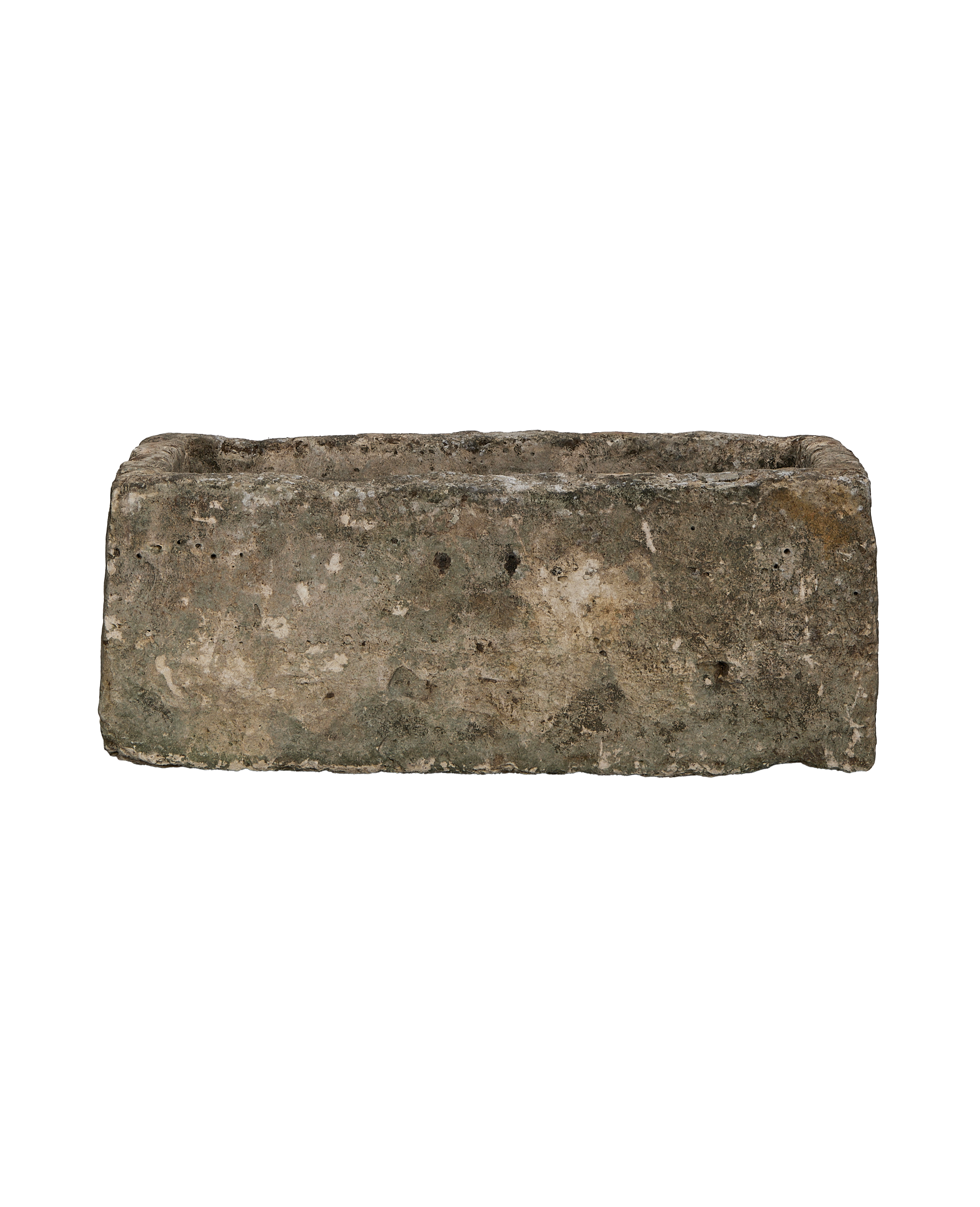 Vintage rectangular Indonesian limestone trough with weathered grey-green patina.