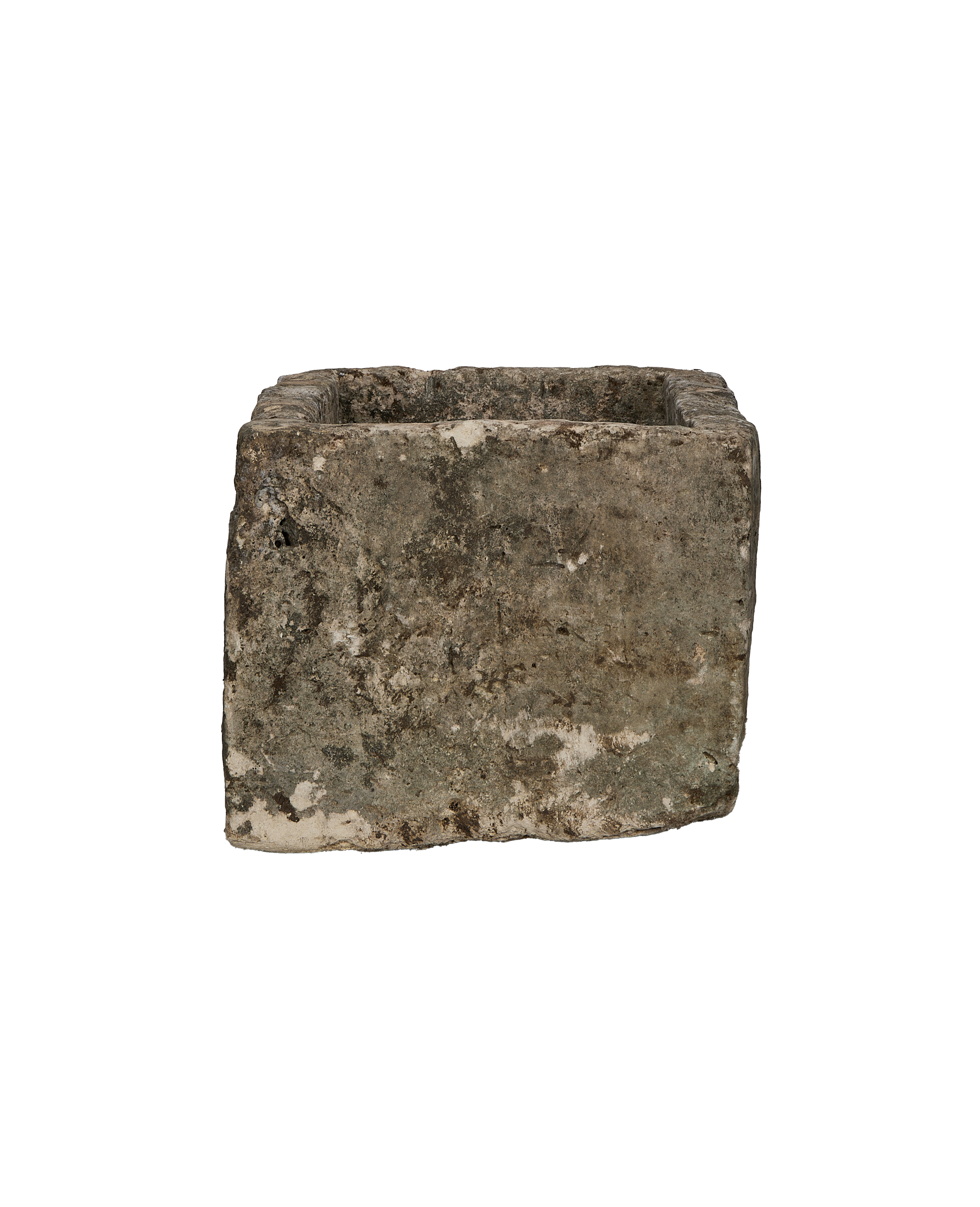 Vintage rectangular limestone trough, side view, showing weathered, textured Indonesian stone.