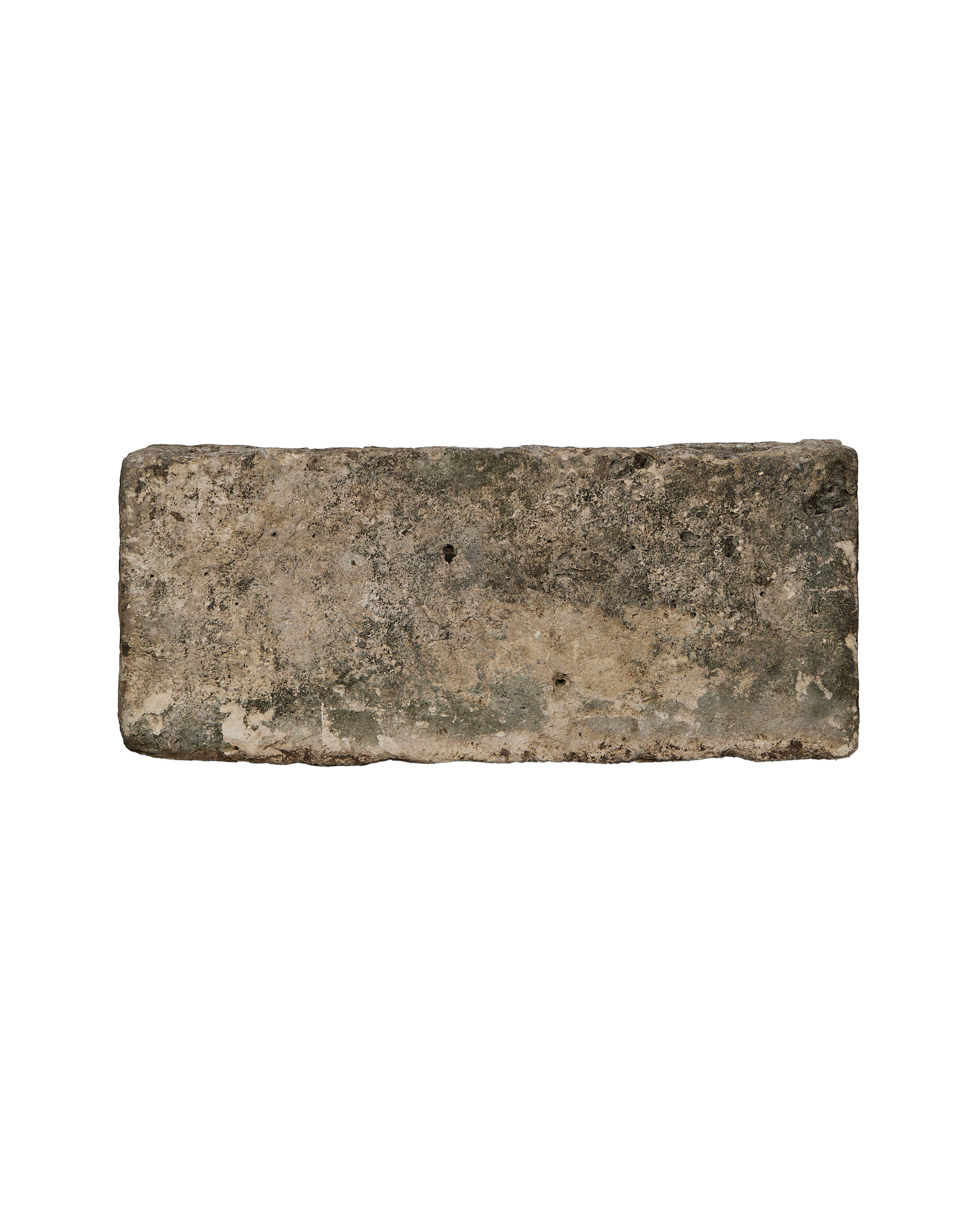 Vintage rectangular limestone trough, showing weathered texture with green and brown patina.